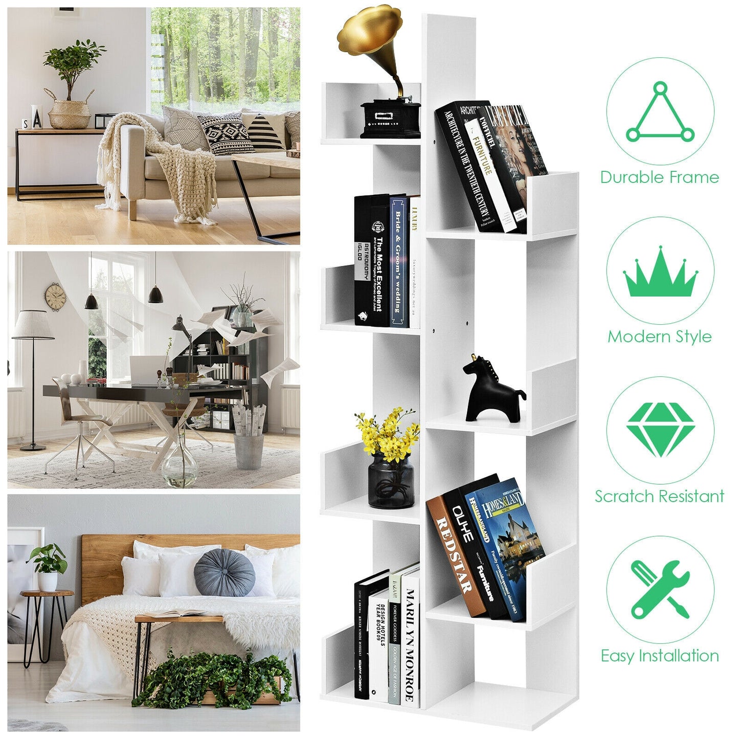 8-Tier Bookshelf Bookcase with 8 Open Compartments Space-Saving Storage Rack -White Kids Crystal