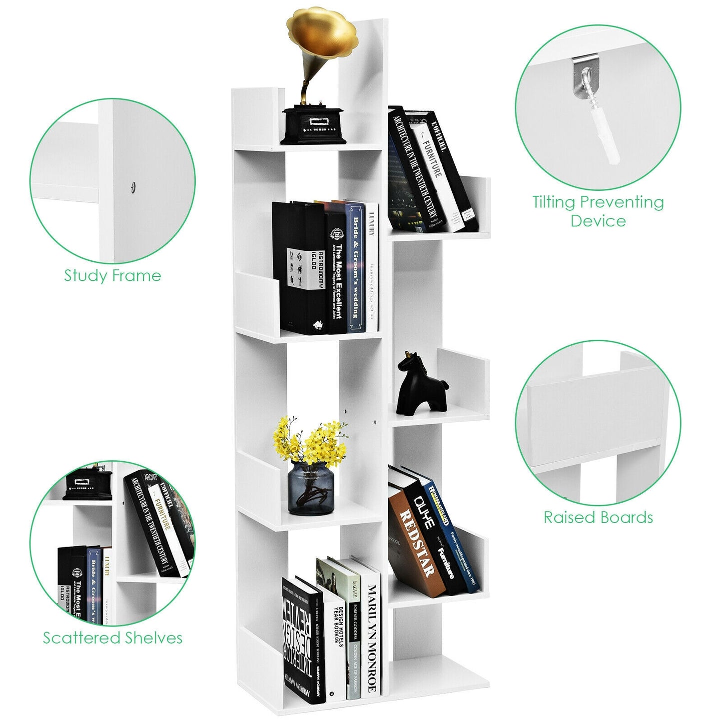 8-Tier Bookshelf Bookcase with 8 Open Compartments Space-Saving Storage Rack -White Kids Crystal