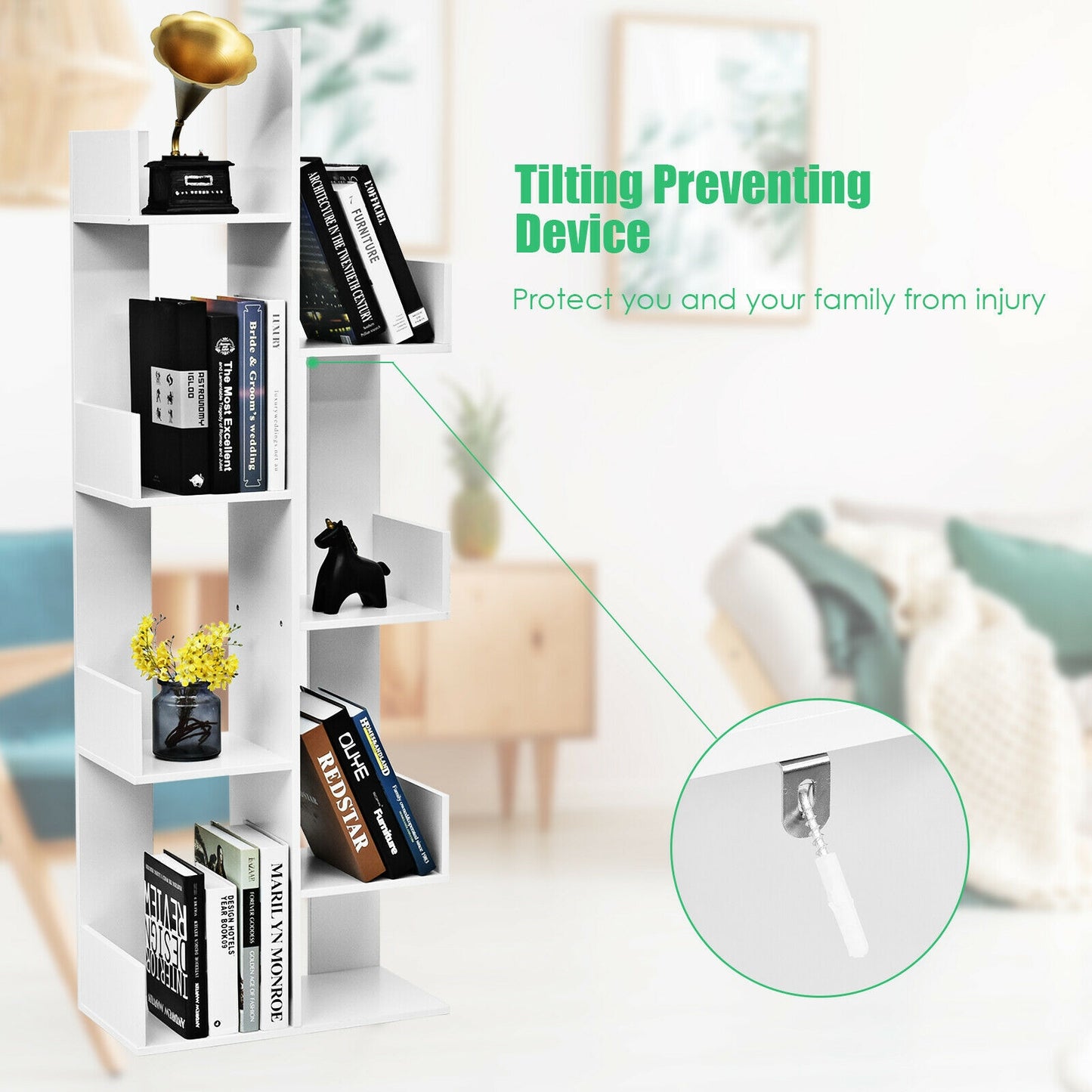 8-Tier Bookshelf Bookcase with 8 Open Compartments Space-Saving Storage Rack -White Kids Crystal