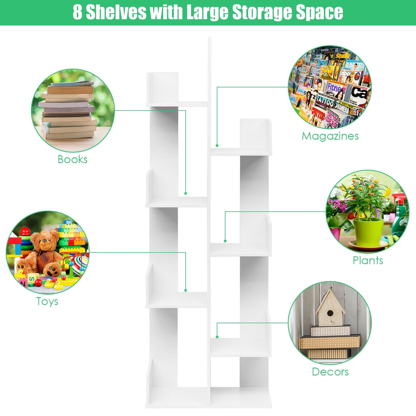 8-Tier Bookshelf Bookcase with 8 Open Compartments Space-Saving Storage Rack -White Kids Crystal