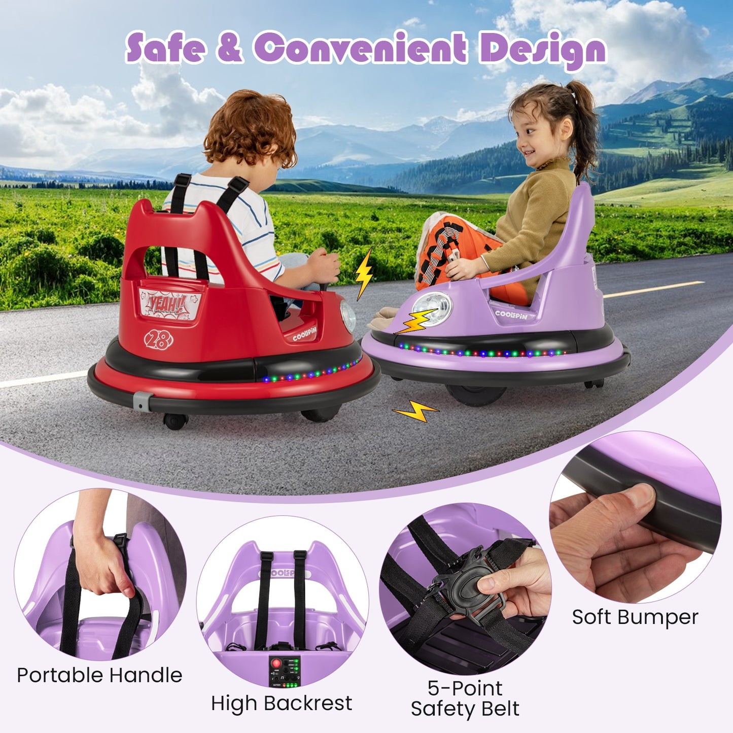 12V Kids Ride On Bumper Car with Remote Control and Dual Joysticks-Purple Kids Crystal