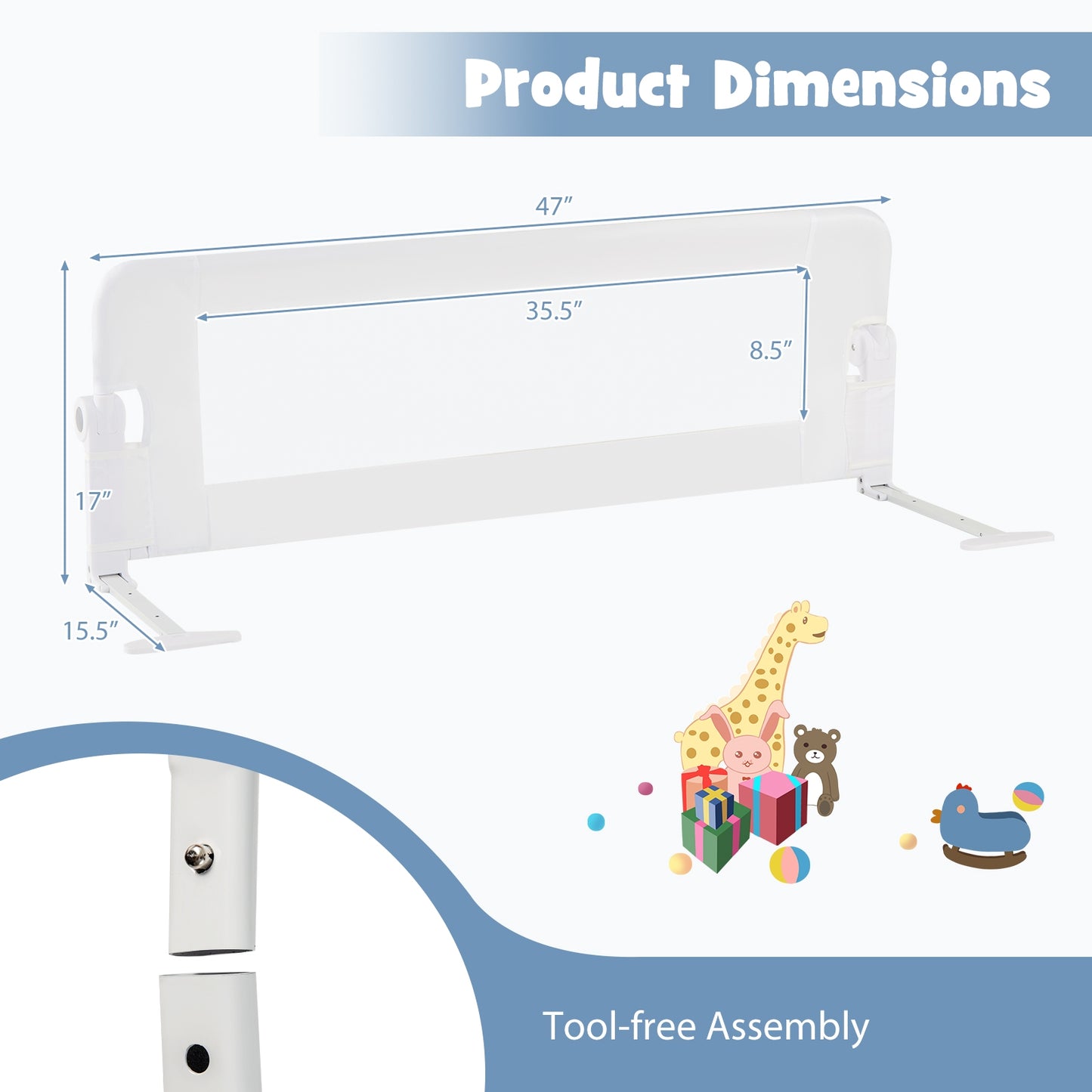 Foldable Bed Rail Swing Down Baby Bed Guard Rail-White Kids Crystal