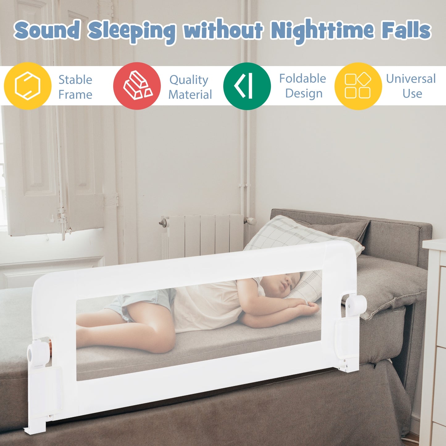 Foldable Bed Rail Swing Down Baby Bed Guard Rail-White Kids Crystal