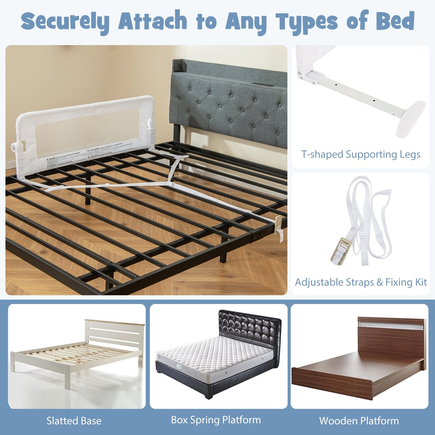 Foldable Bed Rail Swing Down Baby Bed Guard Rail-White Kids Crystal