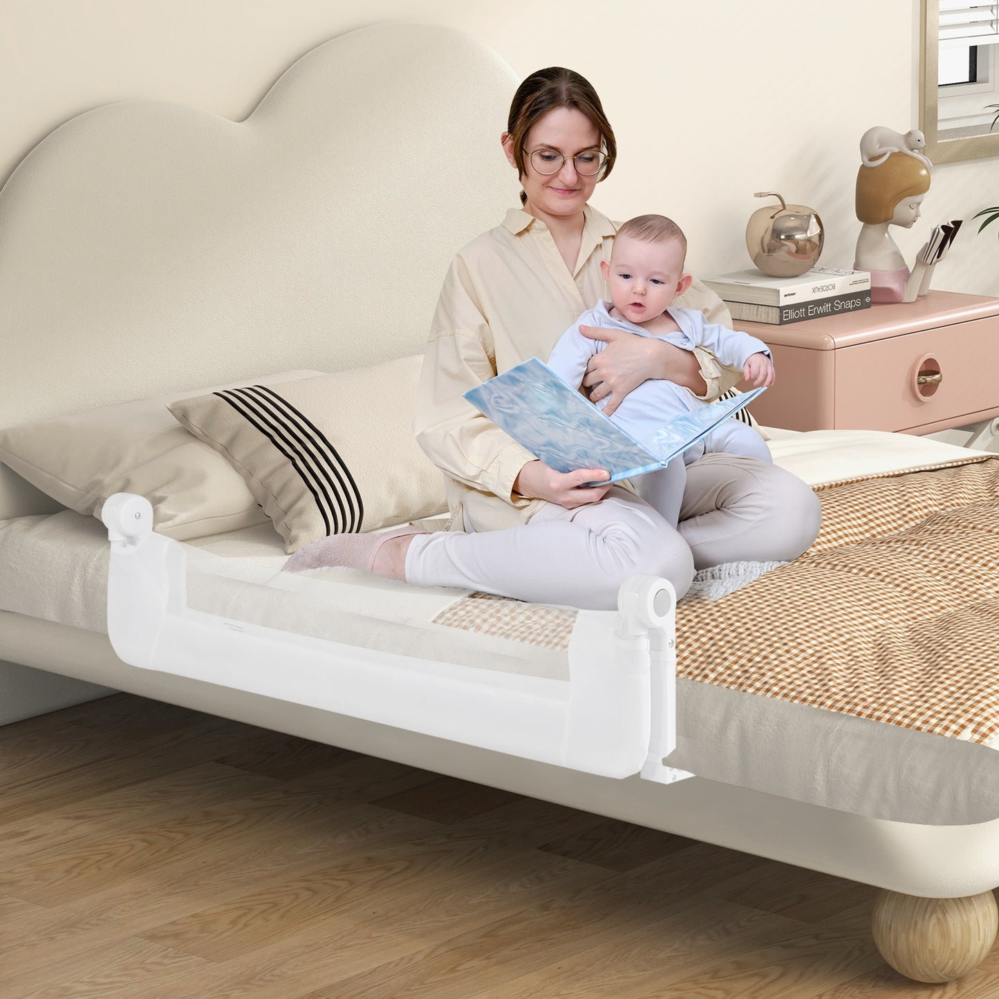Foldable Bed Rail Swing Down Baby Bed Guard Rail-White Kids Crystal