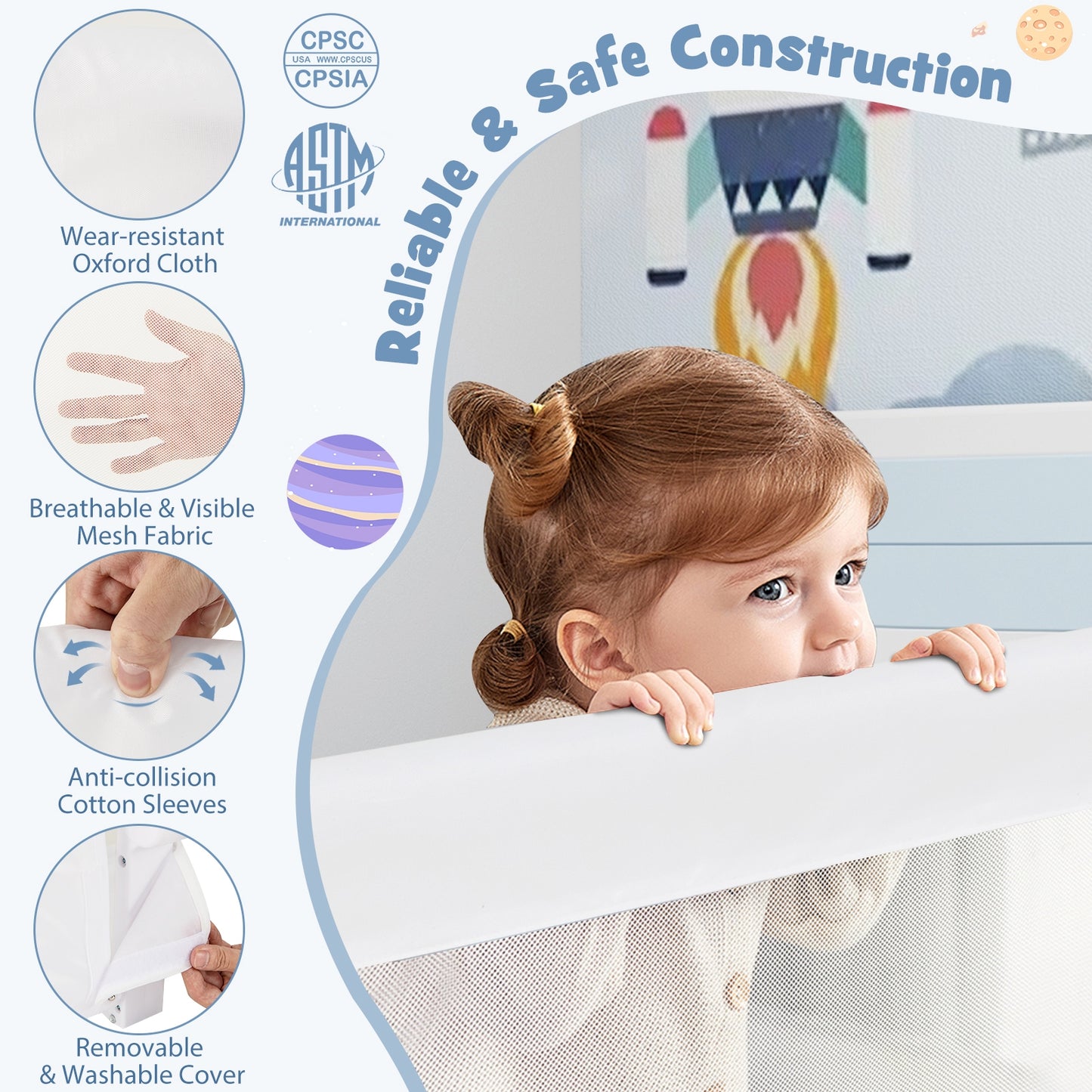 Foldable Bed Rail Swing Down Baby Bed Guard Rail-White Kids Crystal
