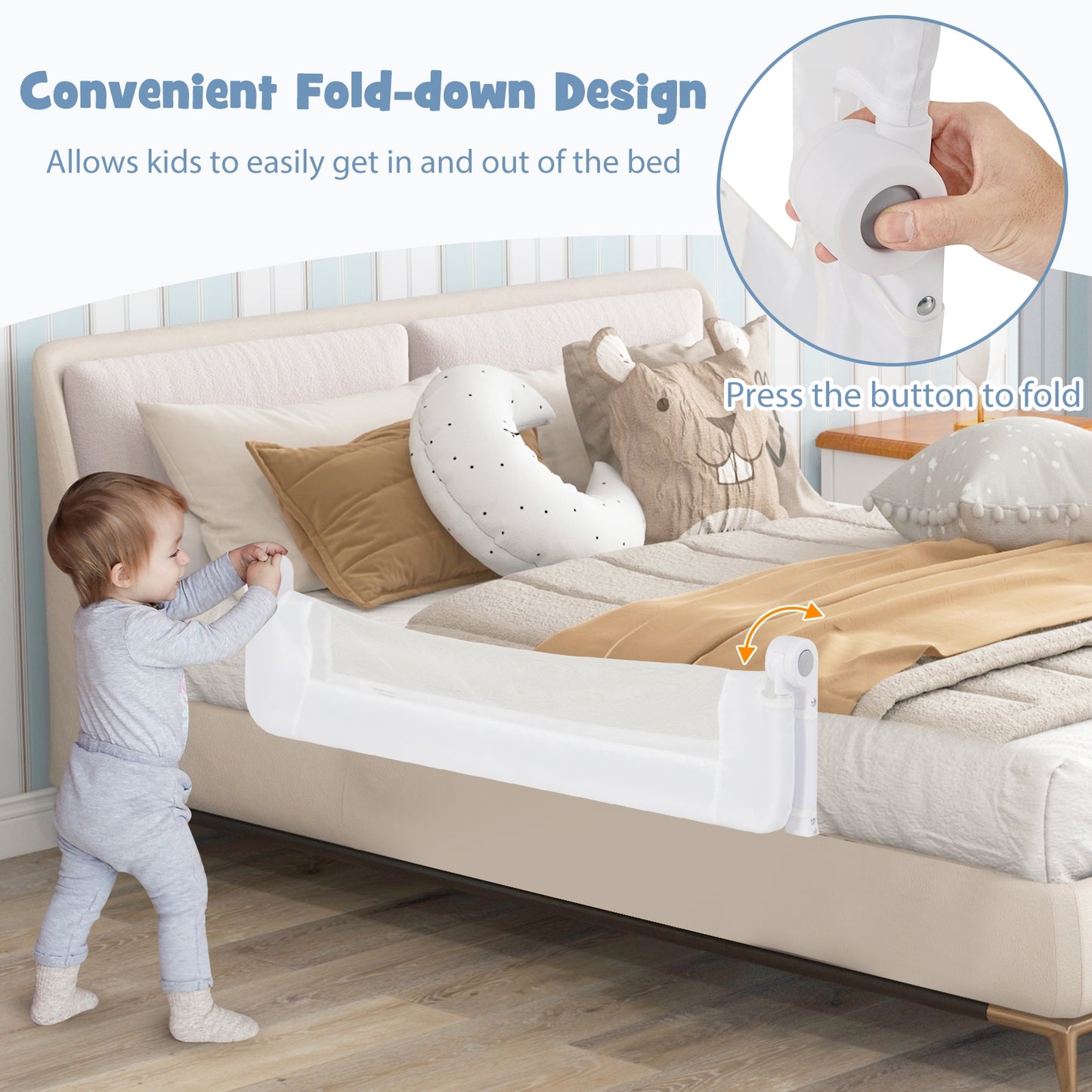 Foldable Bed Rail Swing Down Baby Bed Guard Rail-White Kids Crystal