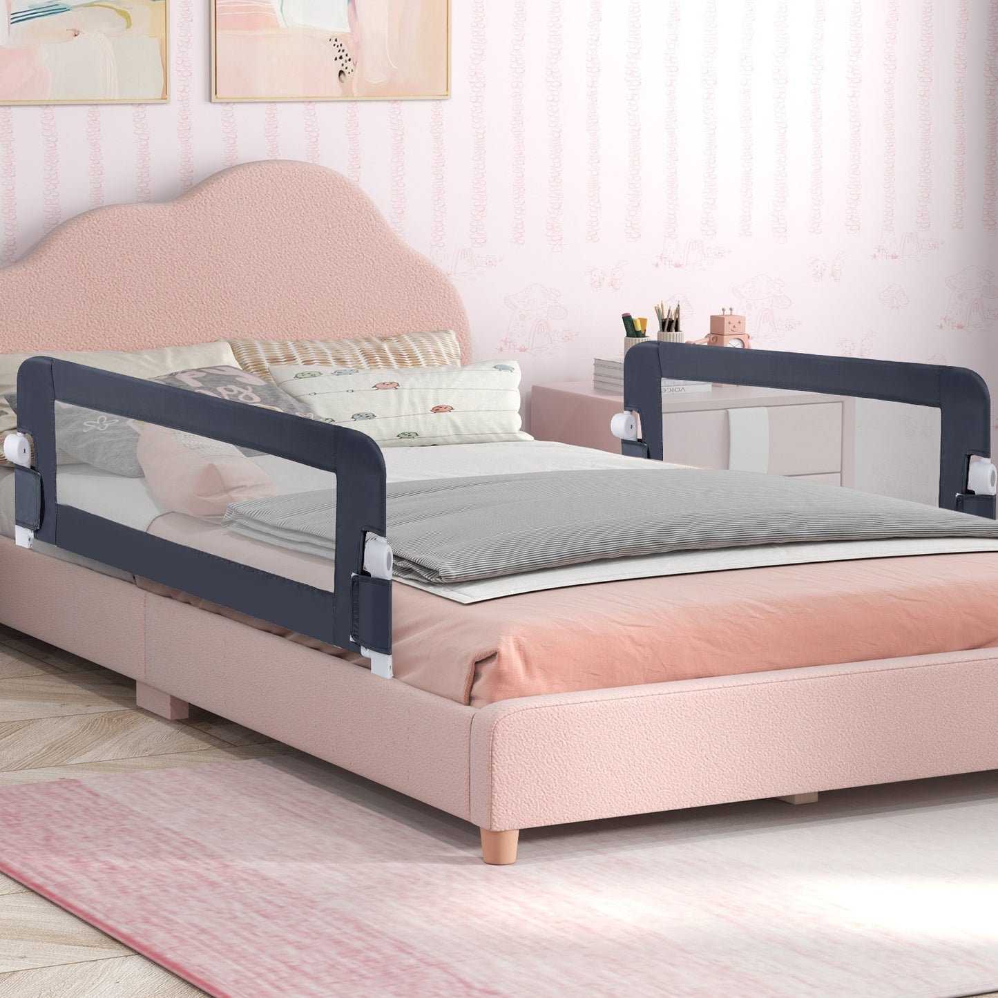 Foldable Bed Rail Swing Down Baby Bed Guard Rail-Gray Kids Crystal