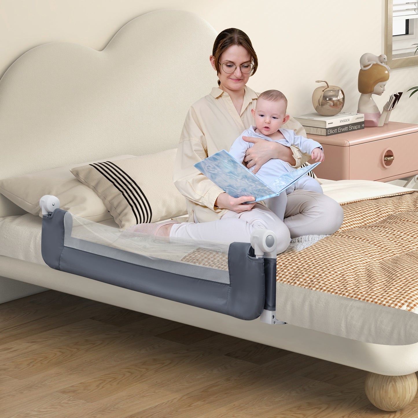 Foldable Bed Rail Swing Down Baby Bed Guard Rail-Gray Kids Crystal