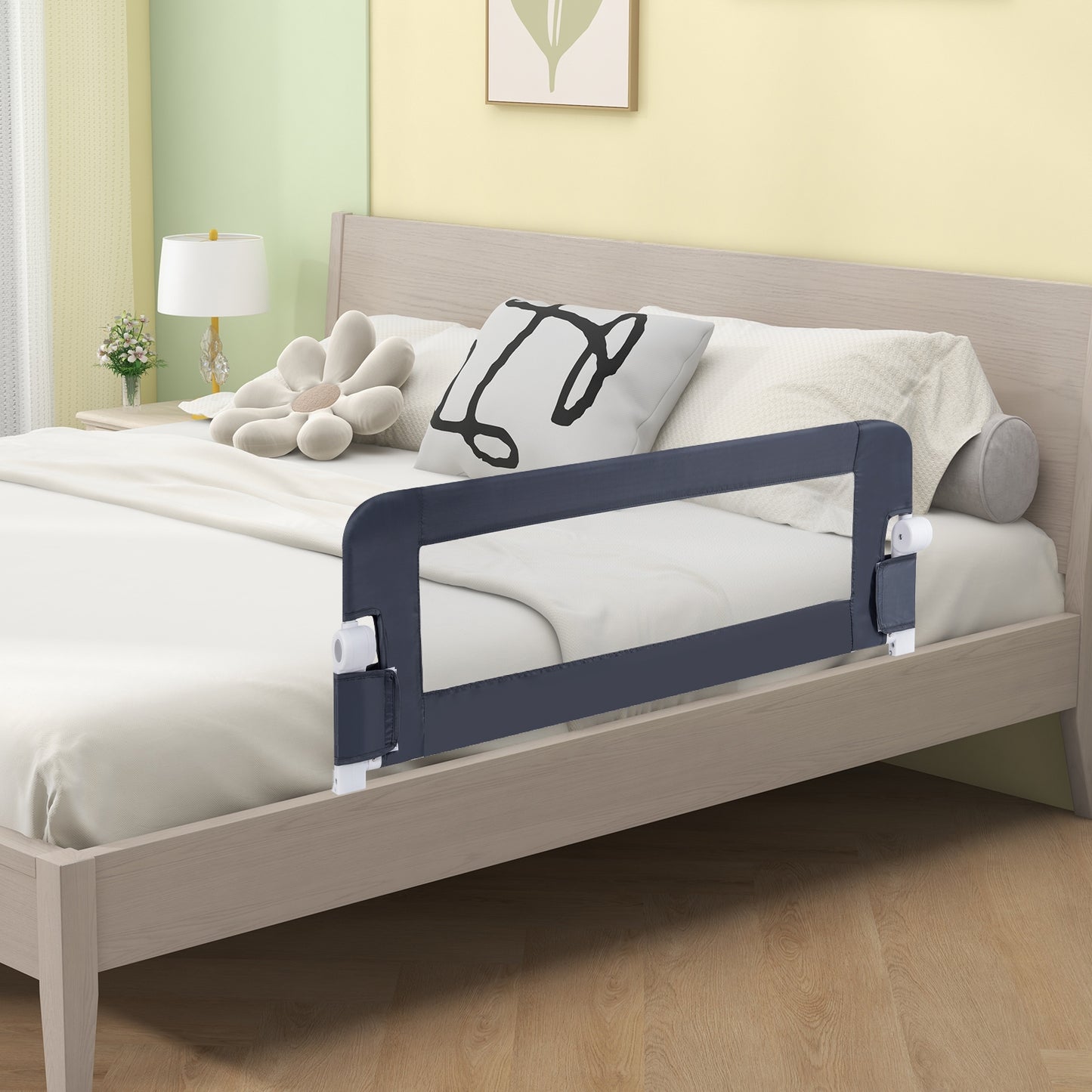 Foldable Bed Rail Swing Down Baby Bed Guard Rail-Gray Kids Crystal