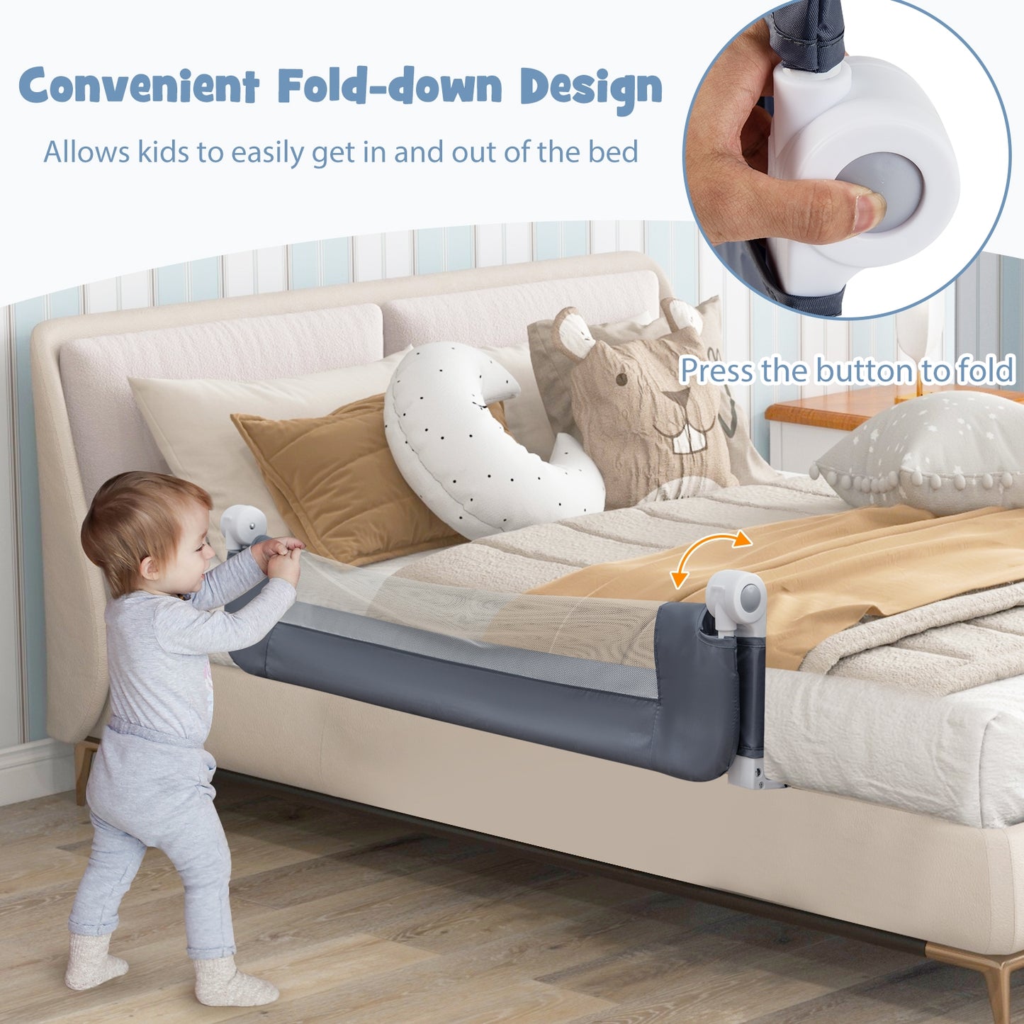 Foldable Bed Rail Swing Down Baby Bed Guard Rail-Gray Kids Crystal