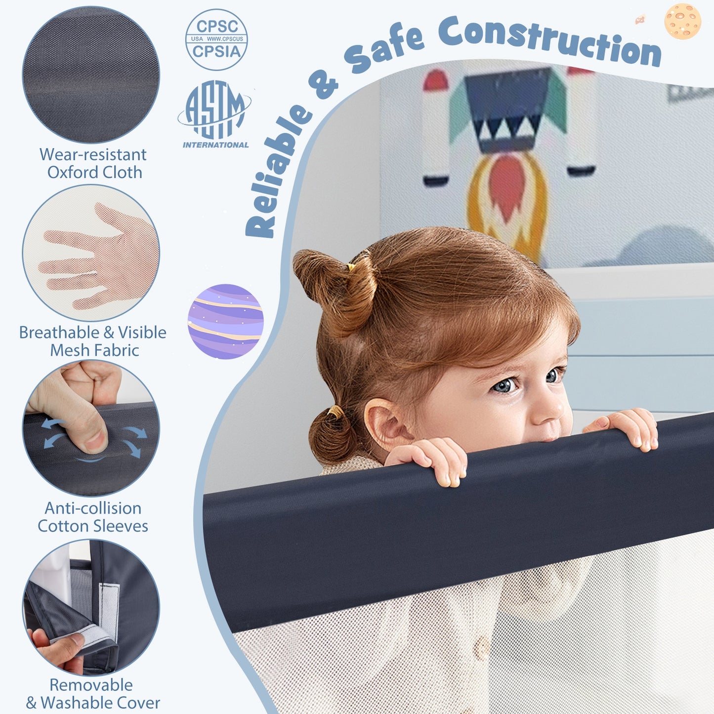 Foldable Bed Rail Swing Down Baby Bed Guard Rail-Gray Kids Crystal