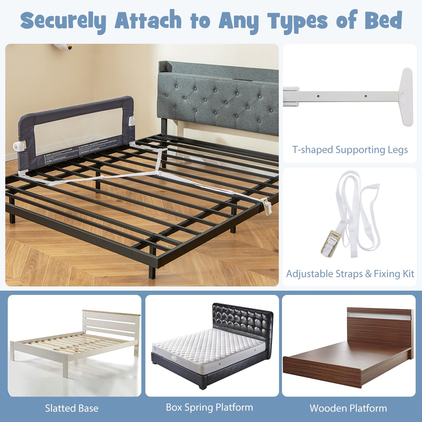 Foldable Bed Rail Swing Down Baby Bed Guard Rail-Gray Kids Crystal