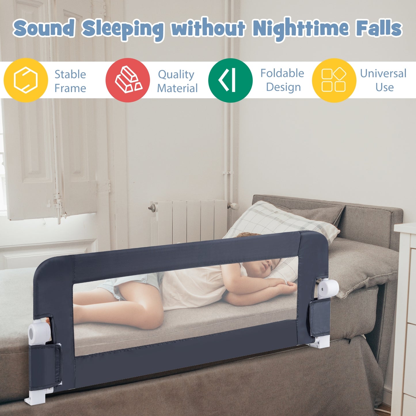 Foldable Bed Rail Swing Down Baby Bed Guard Rail-Gray Kids Crystal