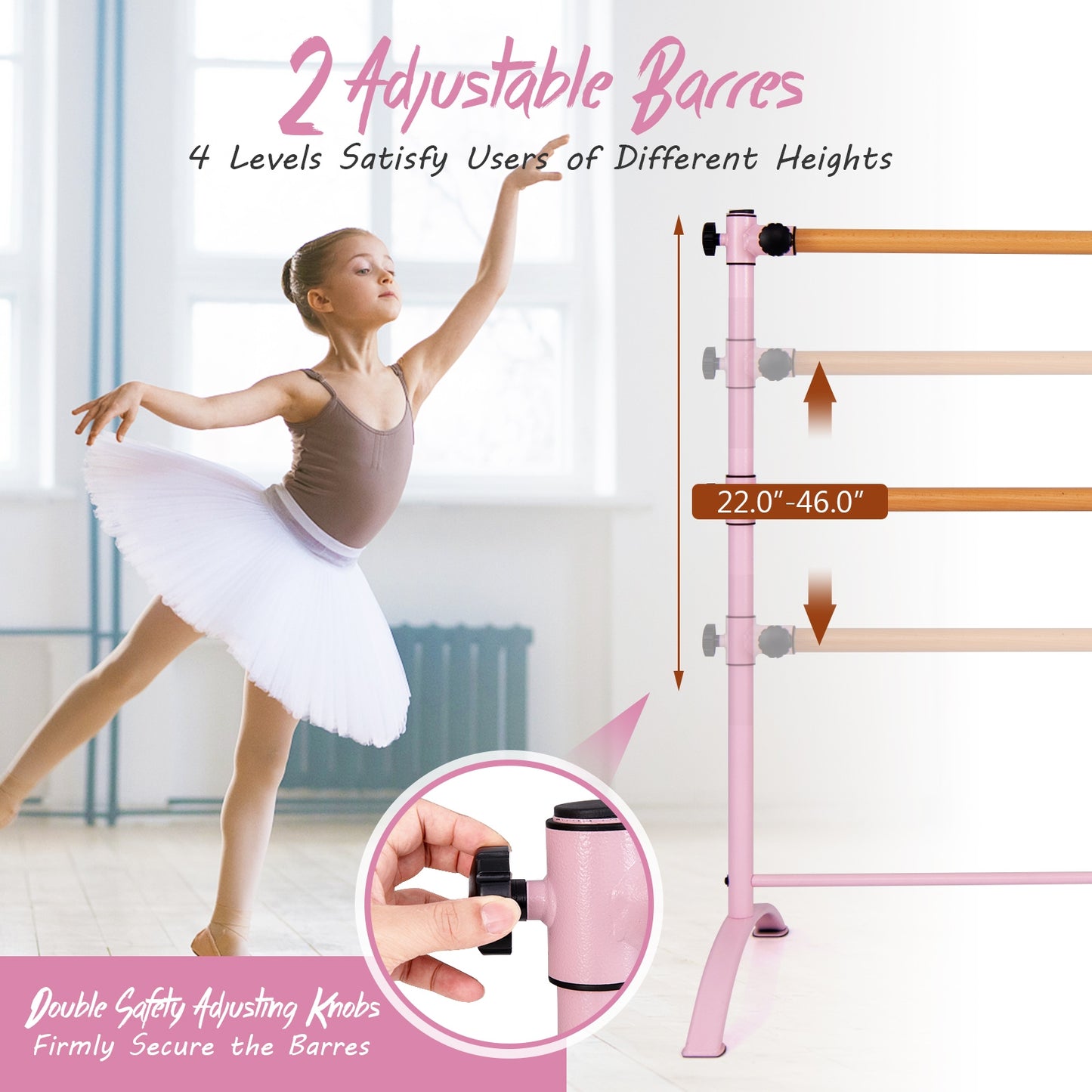 4 Foot Portable Freestanding Double Ballet Barre-Pink Kids Crystal
