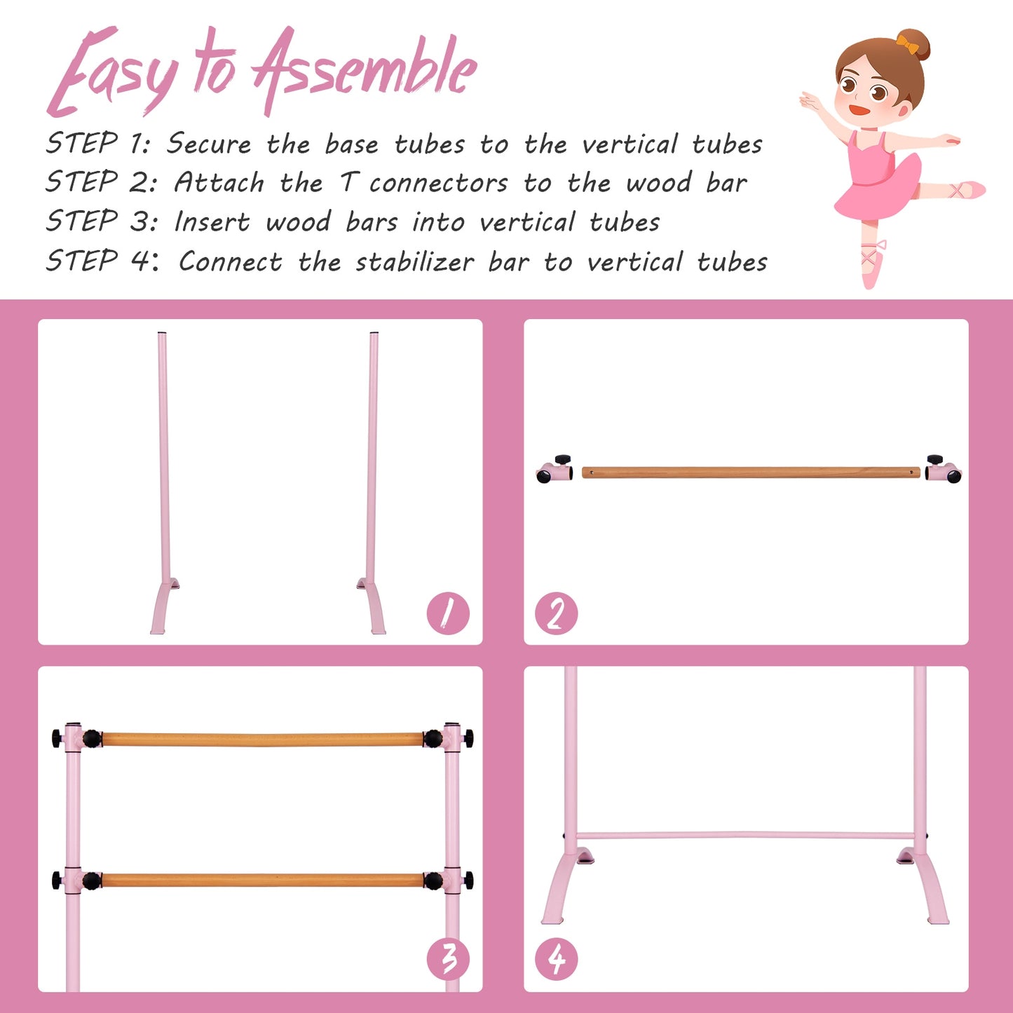 4 Foot Portable Freestanding Double Ballet Barre-Pink Kids Crystal
