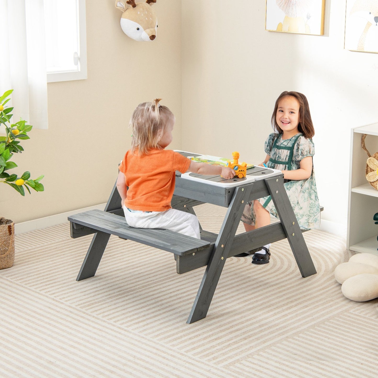 Kids Picnic Table Set with 3 Removable Bins-Gray Kids Crystal