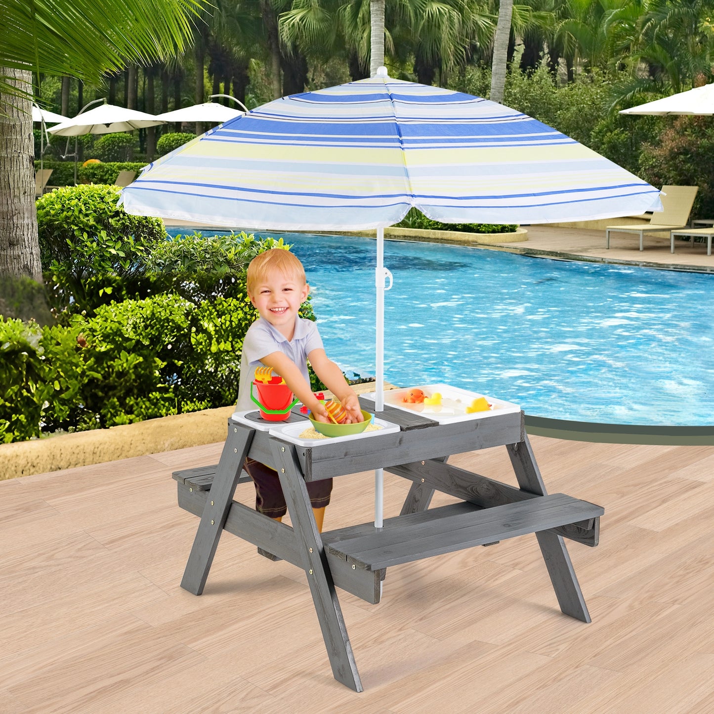 Kids Picnic Table Set with 3 Removable Bins-Gray Kids Crystal