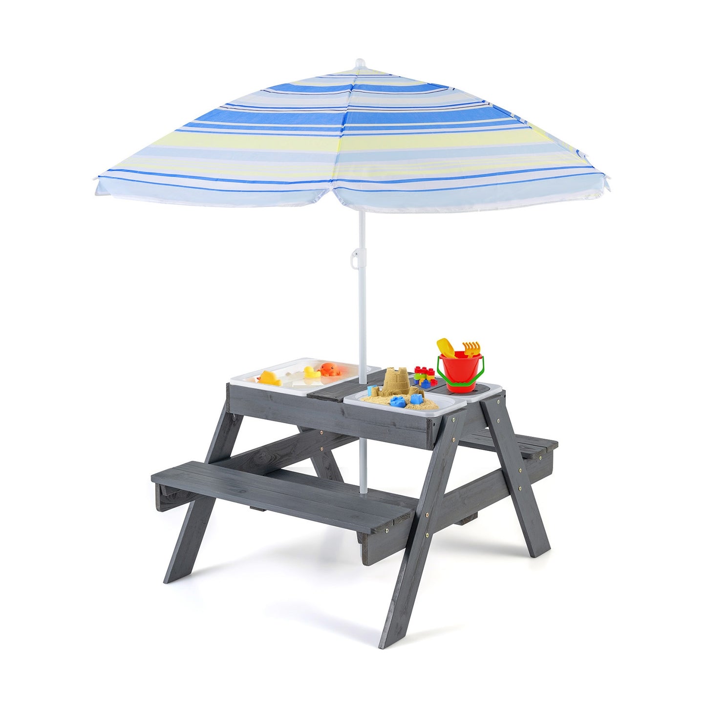 Kids Picnic Table Set with 3 Removable Bins-Gray Kids Crystal