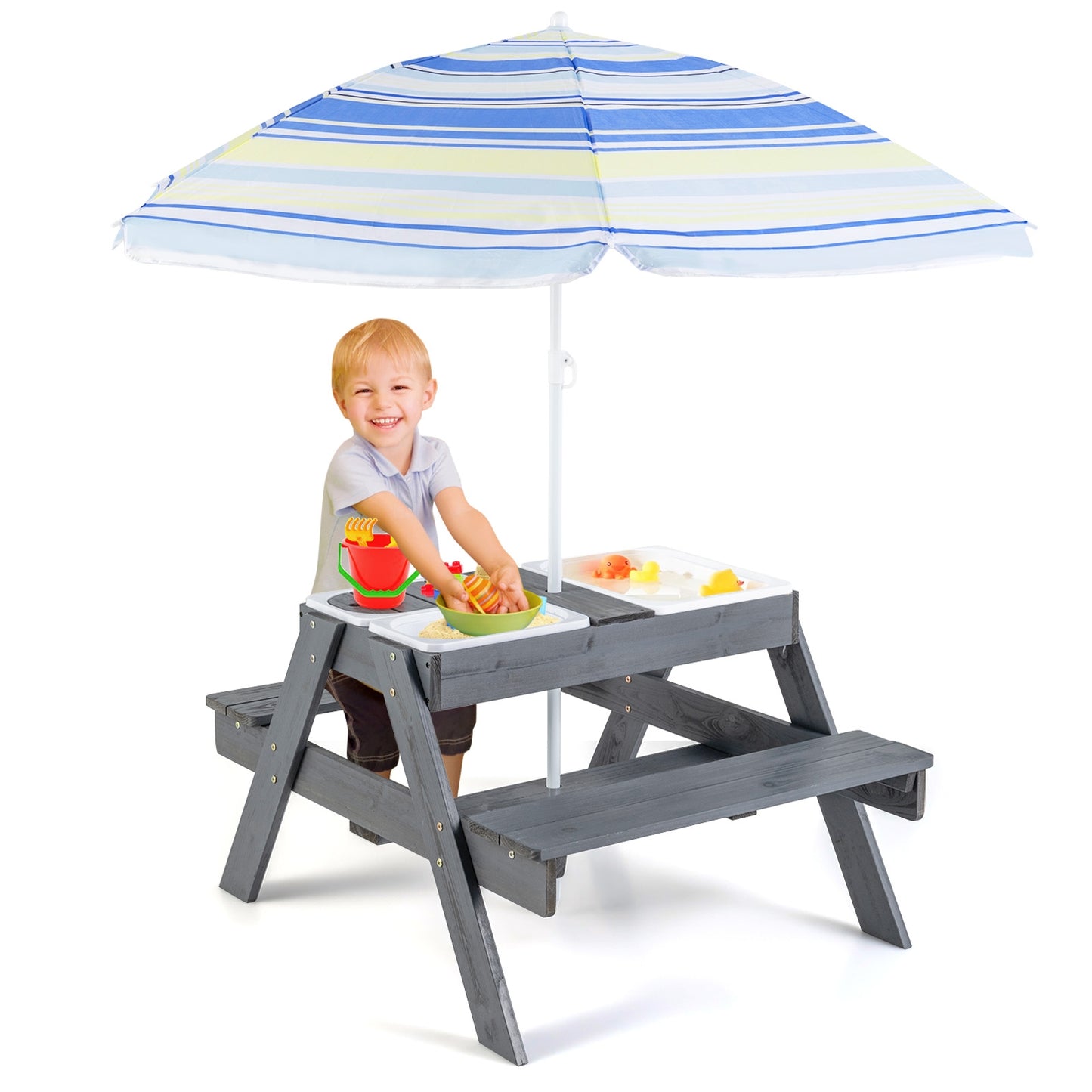 Kids Picnic Table Set with 3 Removable Bins-Gray Kids Crystal