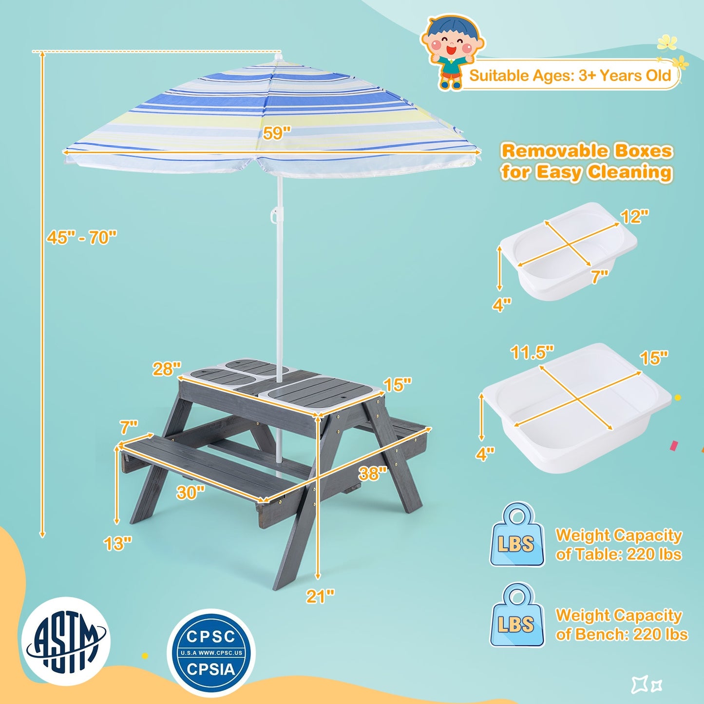 Kids Picnic Table Set with 3 Removable Bins-Gray Kids Crystal