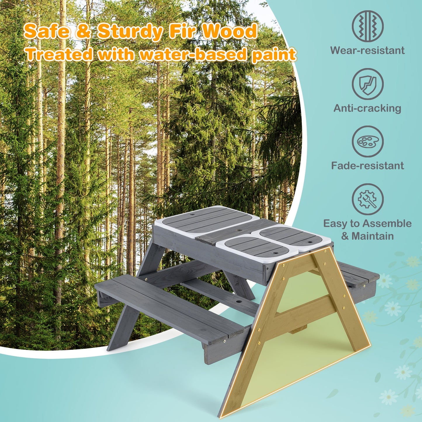 Kids Picnic Table Set with 3 Removable Bins-Gray Kids Crystal