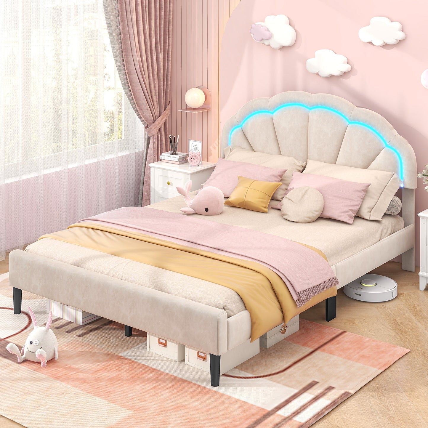 Upholstered LED Bed Frame with Adjustable Flower Headboard and Metal Support Feet-Queen Size Kids Crystal