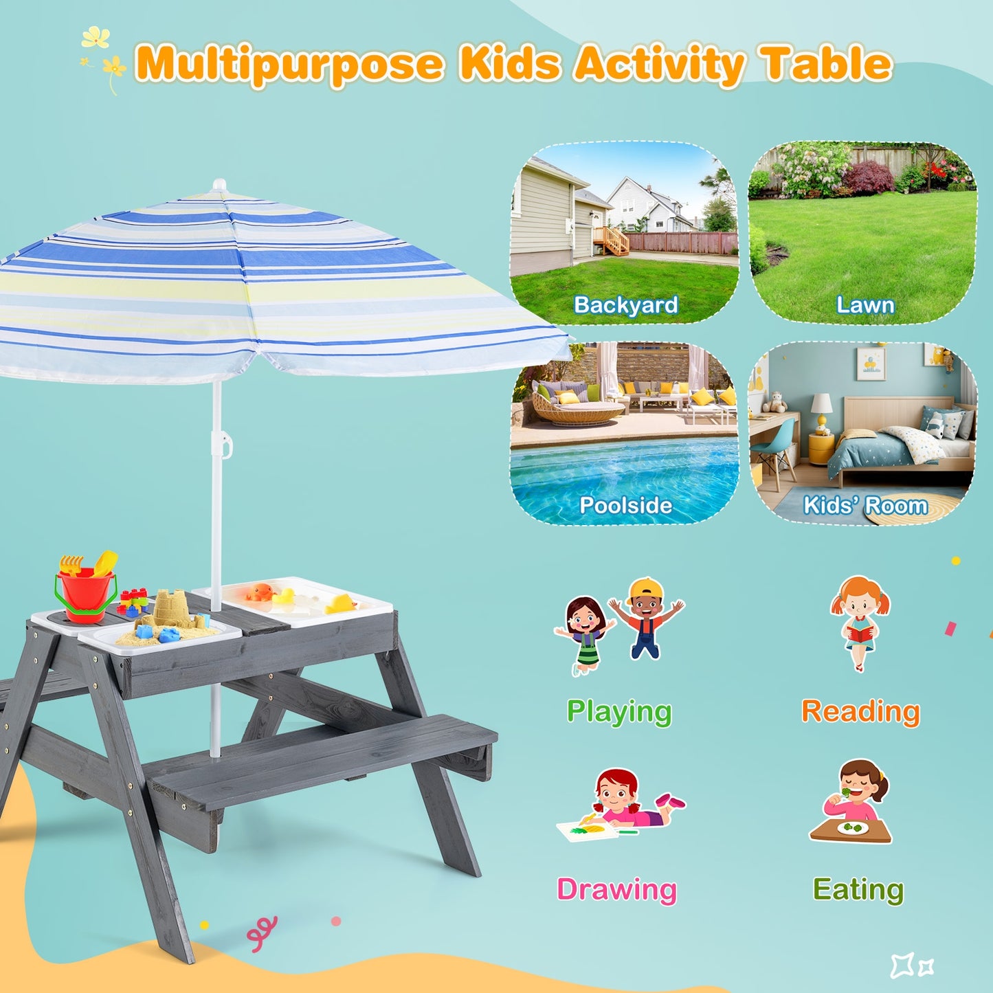 Kids Picnic Table Set with 3 Removable Bins-Gray Kids Crystal