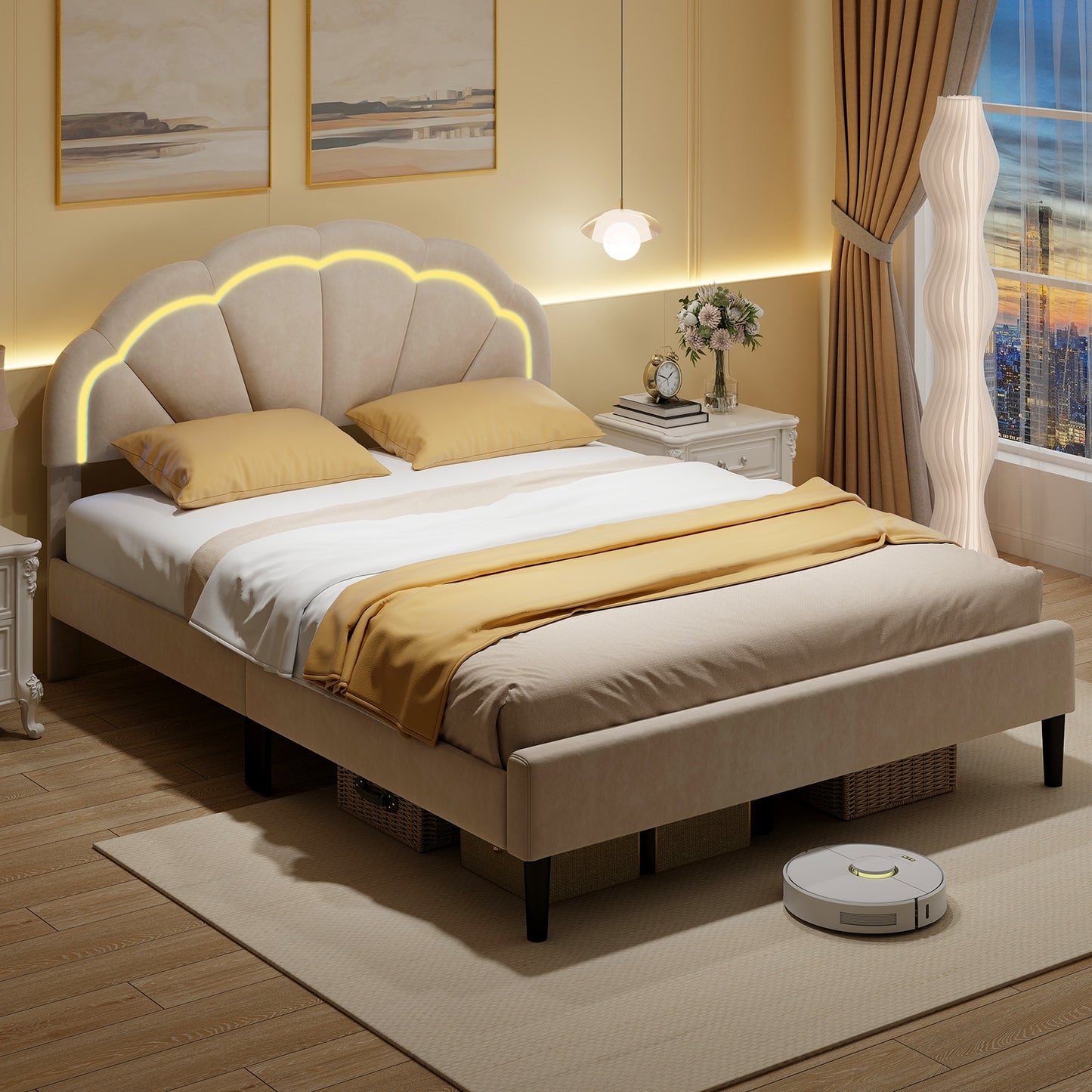 Upholstered LED Bed Frame with Adjustable Flower Headboard and Metal Support Feet-Queen Size Kids Crystal