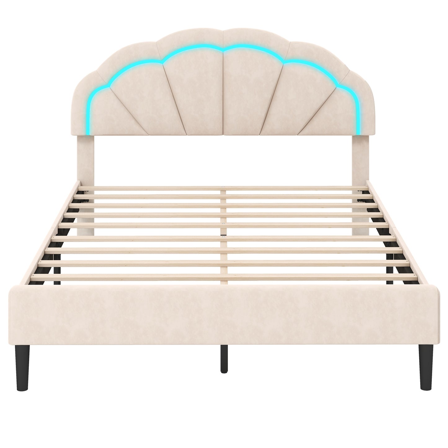 Upholstered LED Bed Frame with Adjustable Flower Headboard and Metal Support Feet-Queen Size Kids Crystal