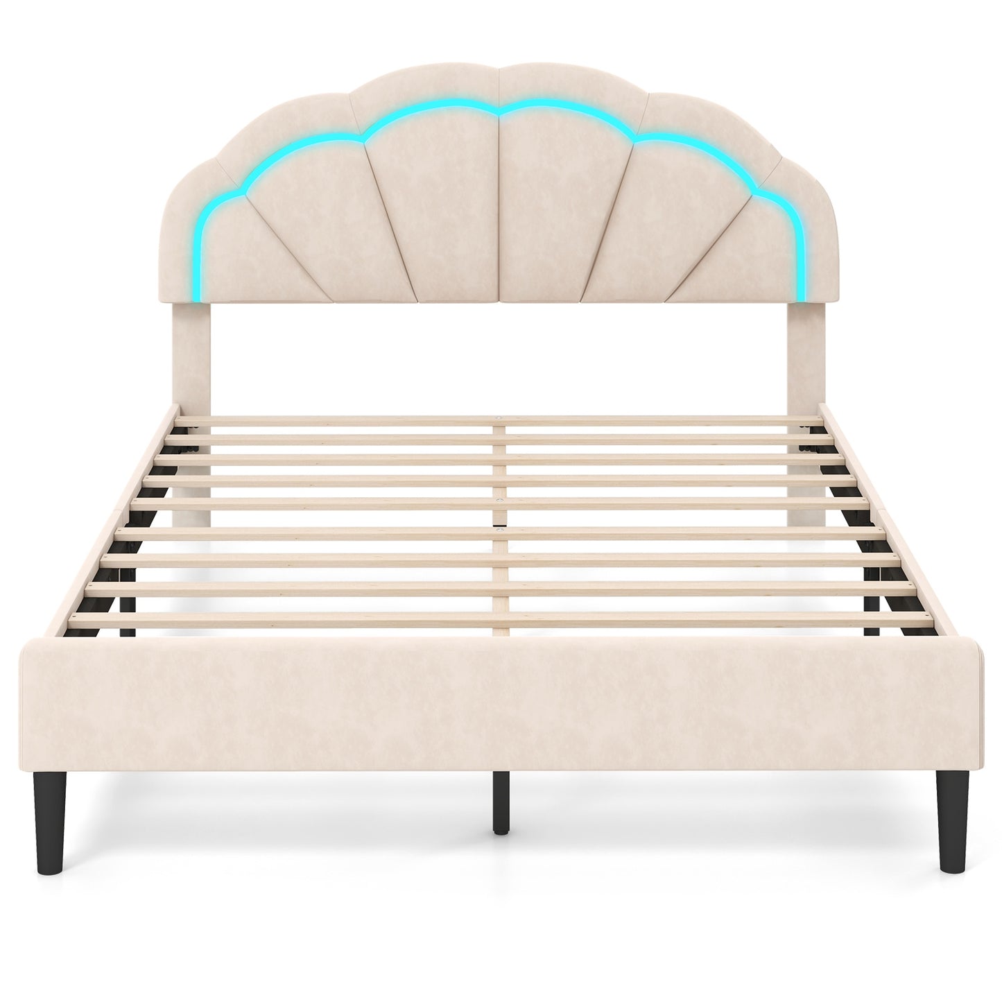 Upholstered LED Bed Frame with Adjustable Flower Headboard and Metal Support Feet-Queen Size Kids Crystal