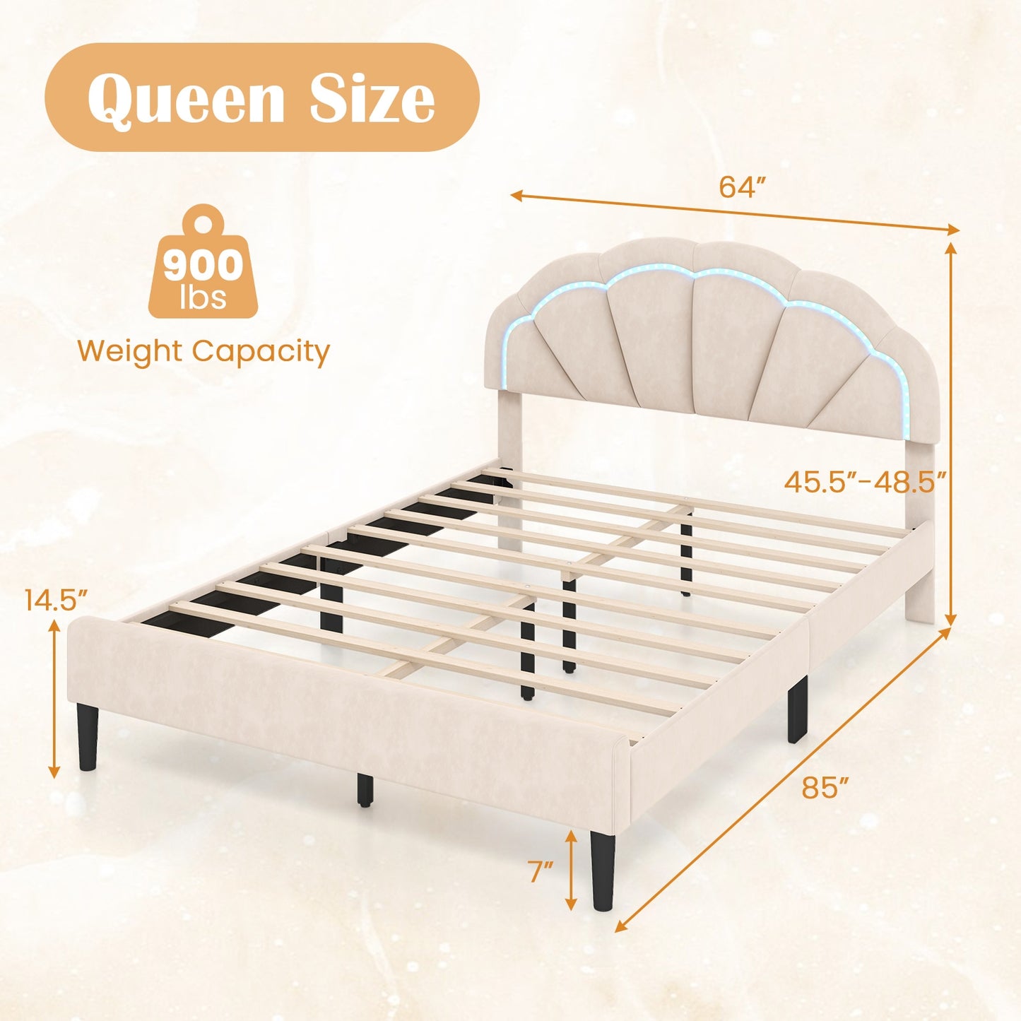 Upholstered LED Bed Frame with Adjustable Flower Headboard and Metal Support Feet-Queen Size Kids Crystal