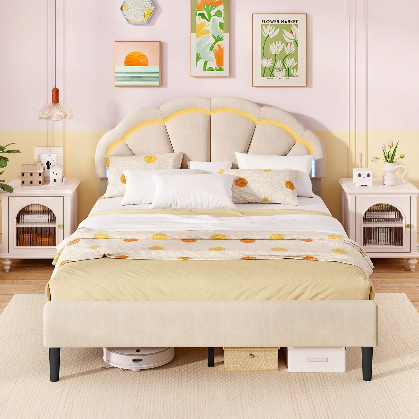 Upholstered LED Bed Frame with Adjustable Flower Headboard and Metal Support Feet-Queen Size Kids Crystal