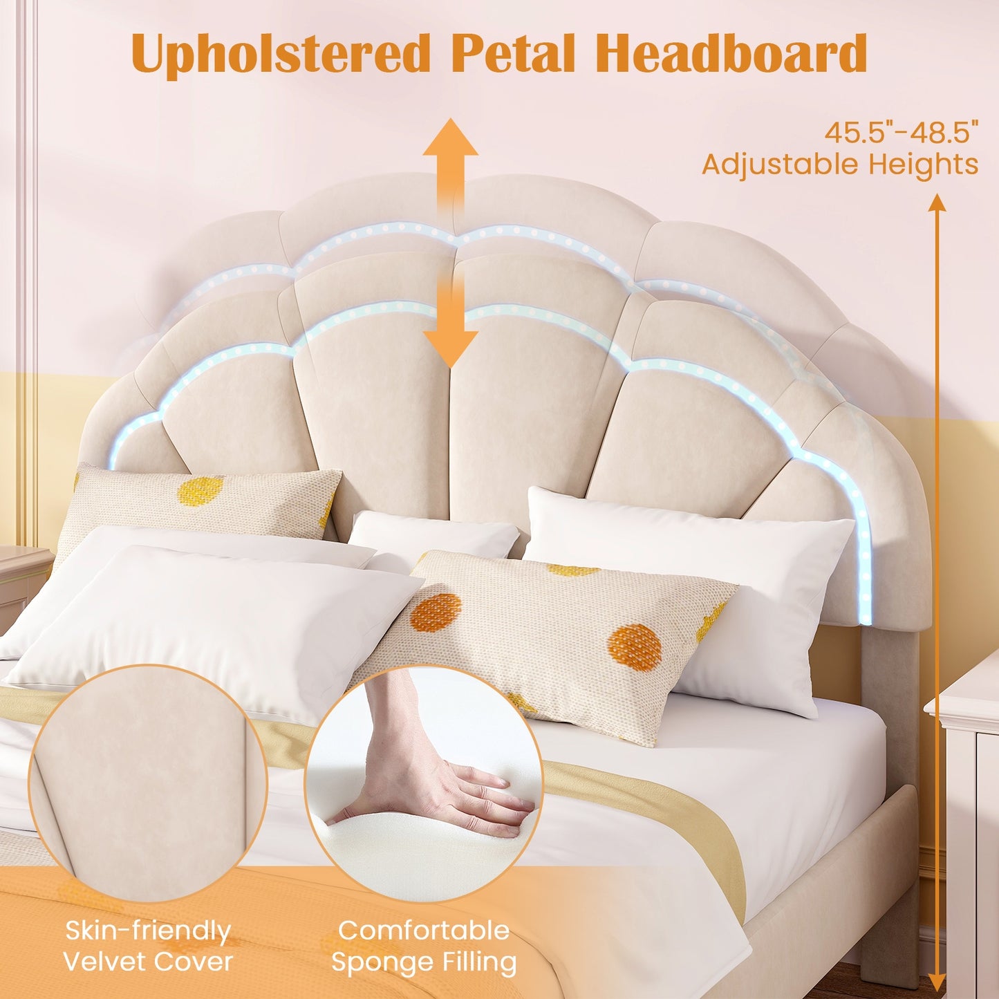 Upholstered LED Bed Frame with Adjustable Flower Headboard and Metal Support Feet-Queen Size Kids Crystal
