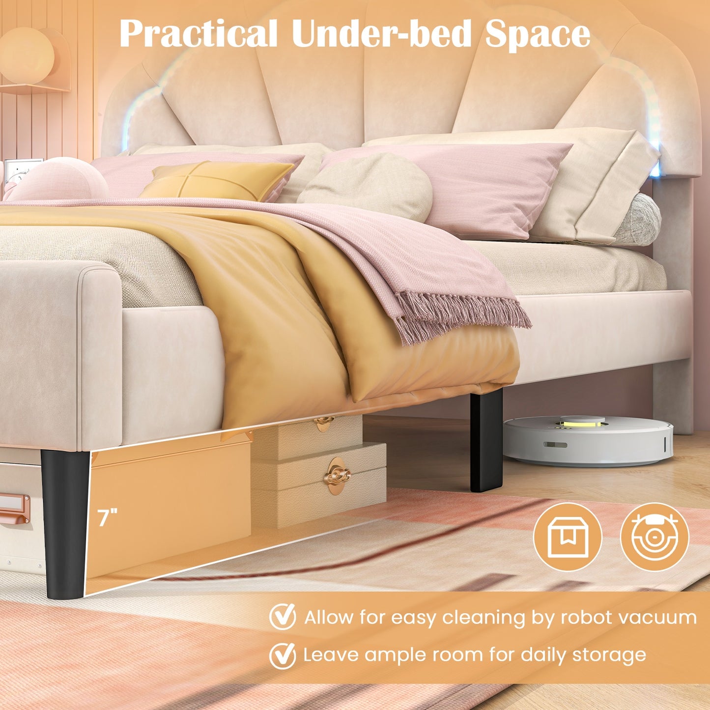 Upholstered LED Bed Frame with Adjustable Flower Headboard and Metal Support Feet-Queen Size Kids Crystal