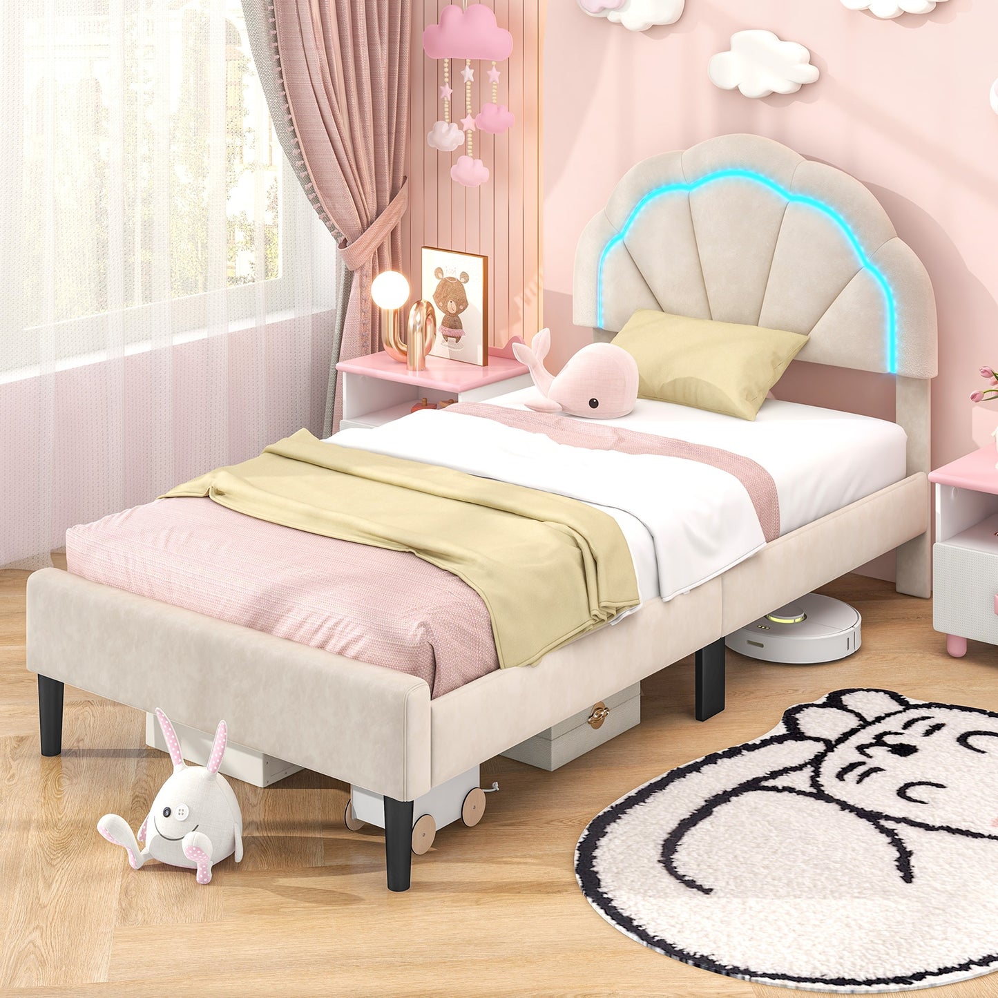 Upholstered LED Bed Frame with Adjustable Flower Headboard and Metal Support Feet-Twin Size Kids Crystal
