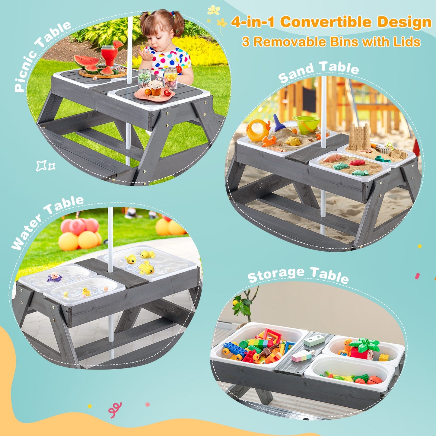 Kids Picnic Table Set with 3 Removable Bins-Gray Kids Crystal