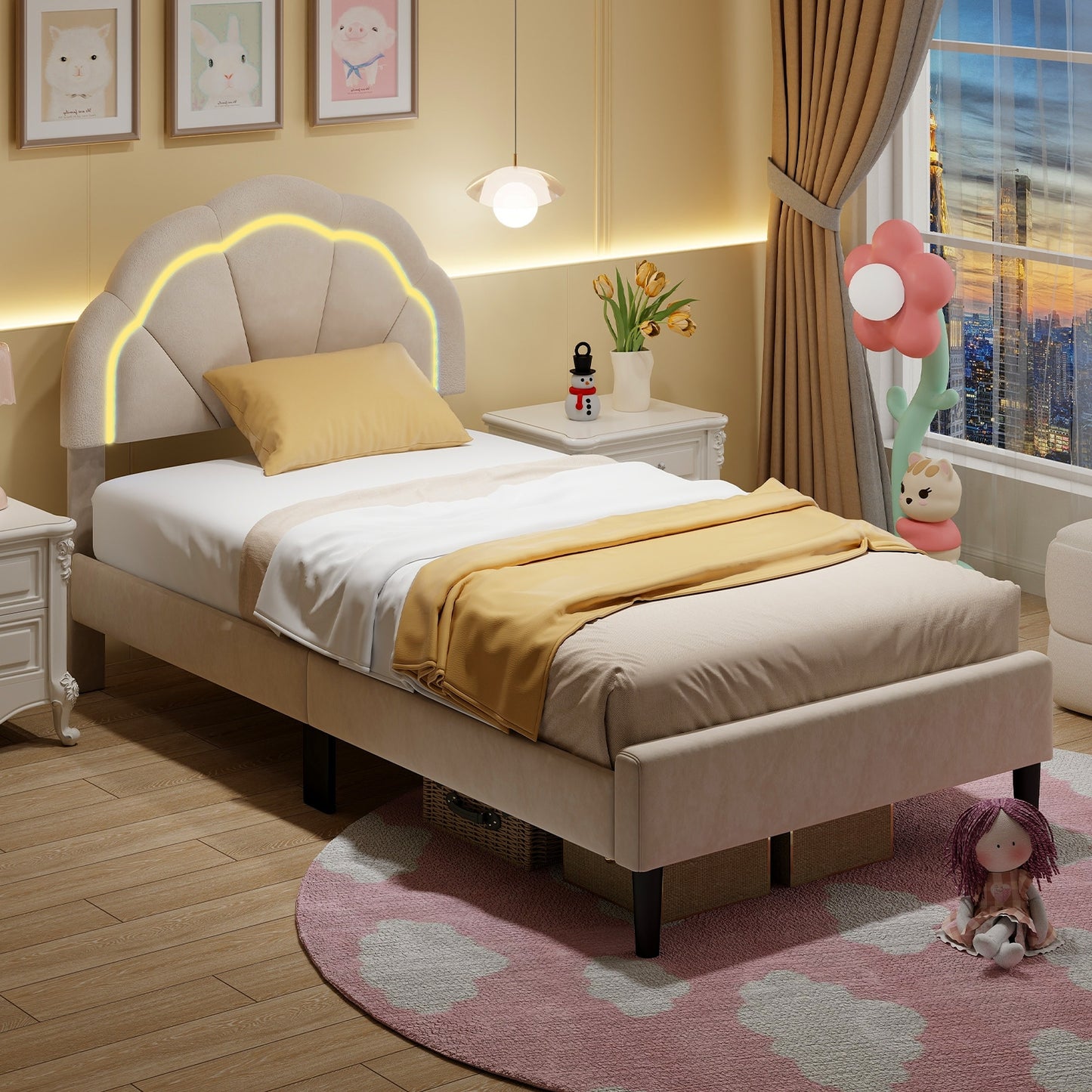 Upholstered LED Bed Frame with Adjustable Flower Headboard and Metal Support Feet-Twin Size Kids Crystal