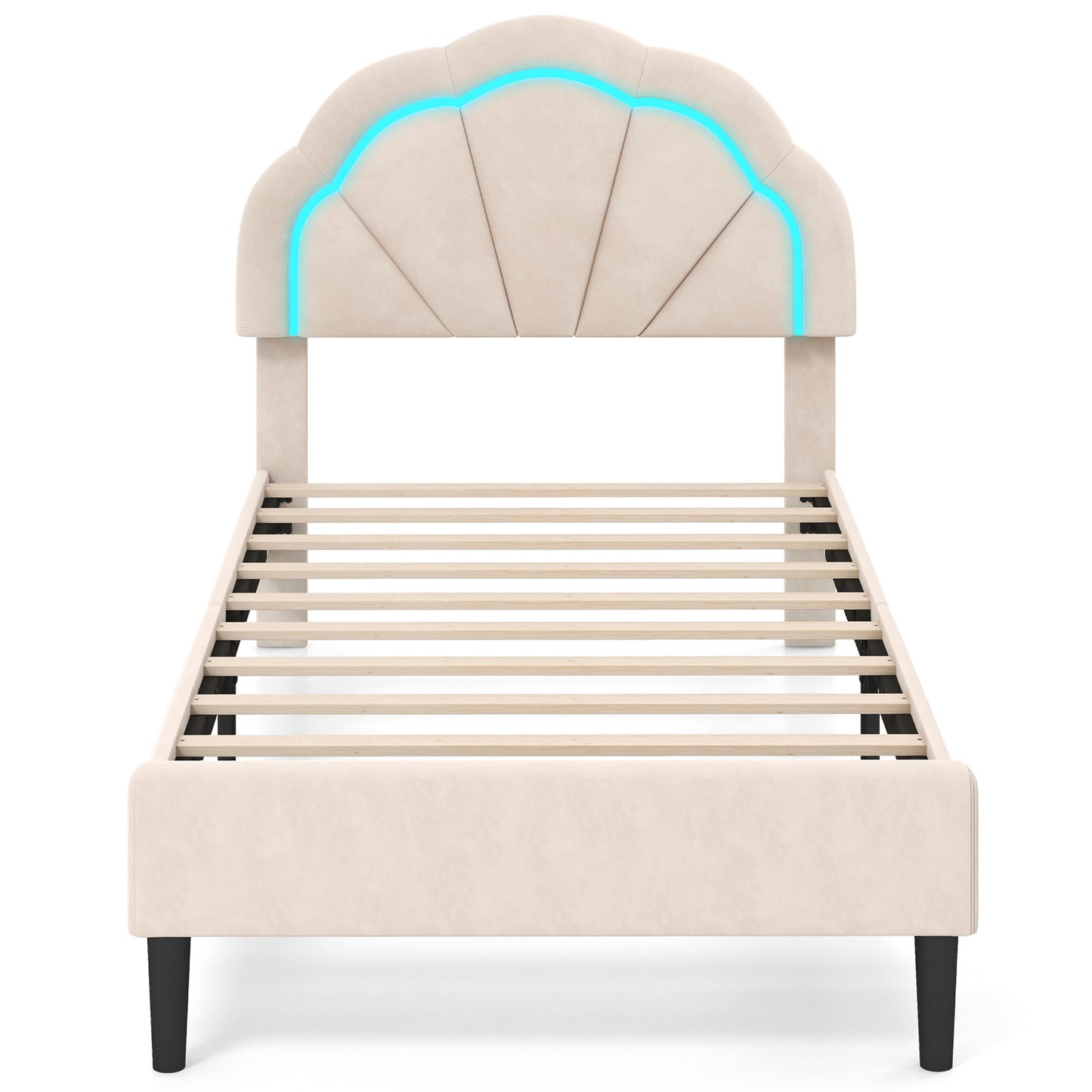 Upholstered LED Bed Frame with Adjustable Flower Headboard and Metal Support Feet-Twin Size Kids Crystal