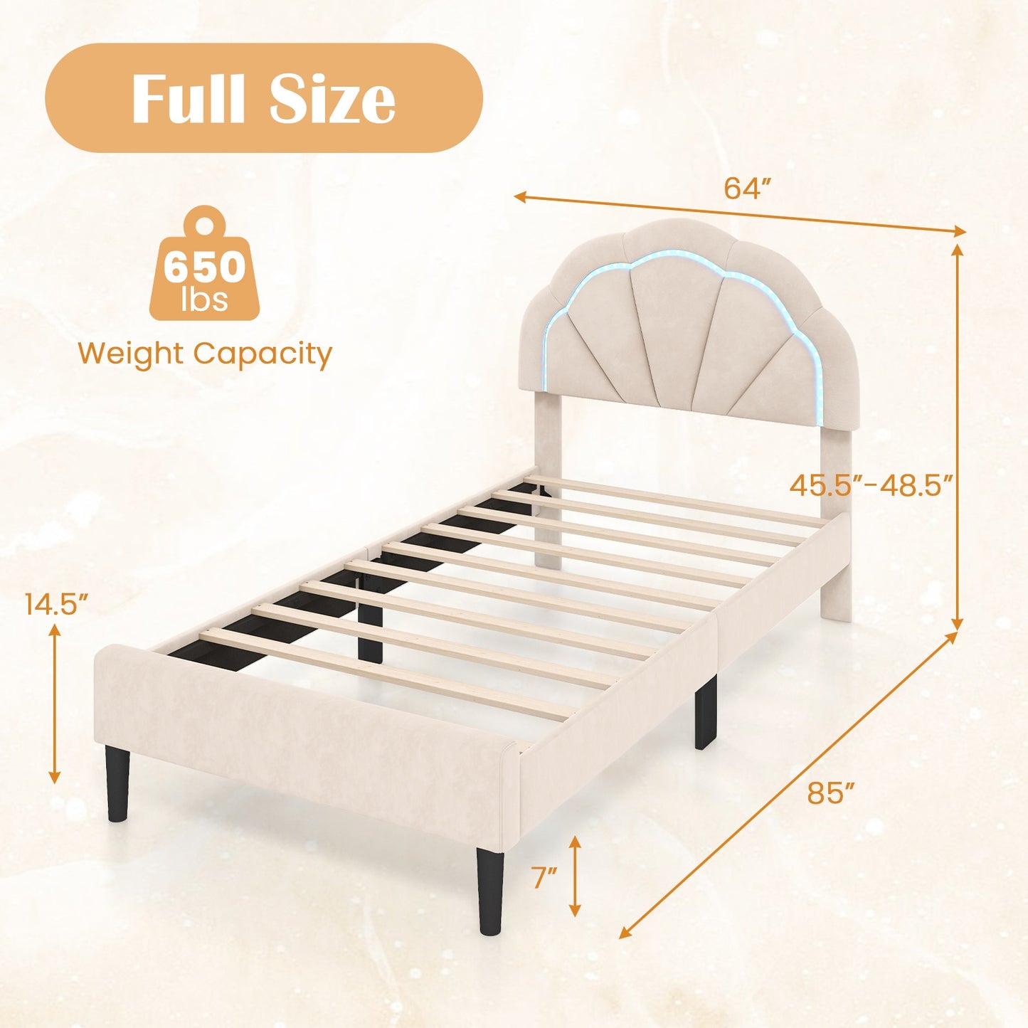 Upholstered LED Bed Frame with Adjustable Flower Headboard and Metal Support Feet-Twin Size Kids Crystal