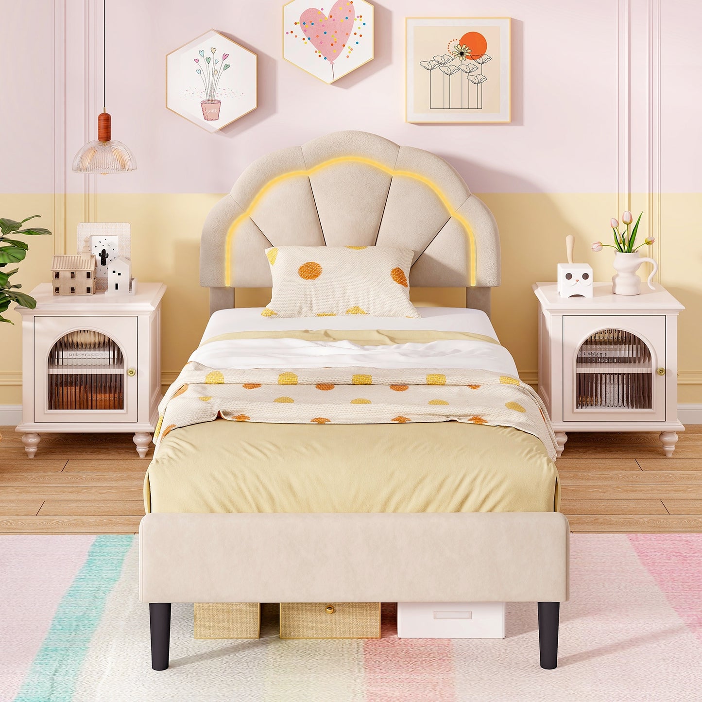Upholstered LED Bed Frame with Adjustable Flower Headboard and Metal Support Feet-Twin Size Kids Crystal
