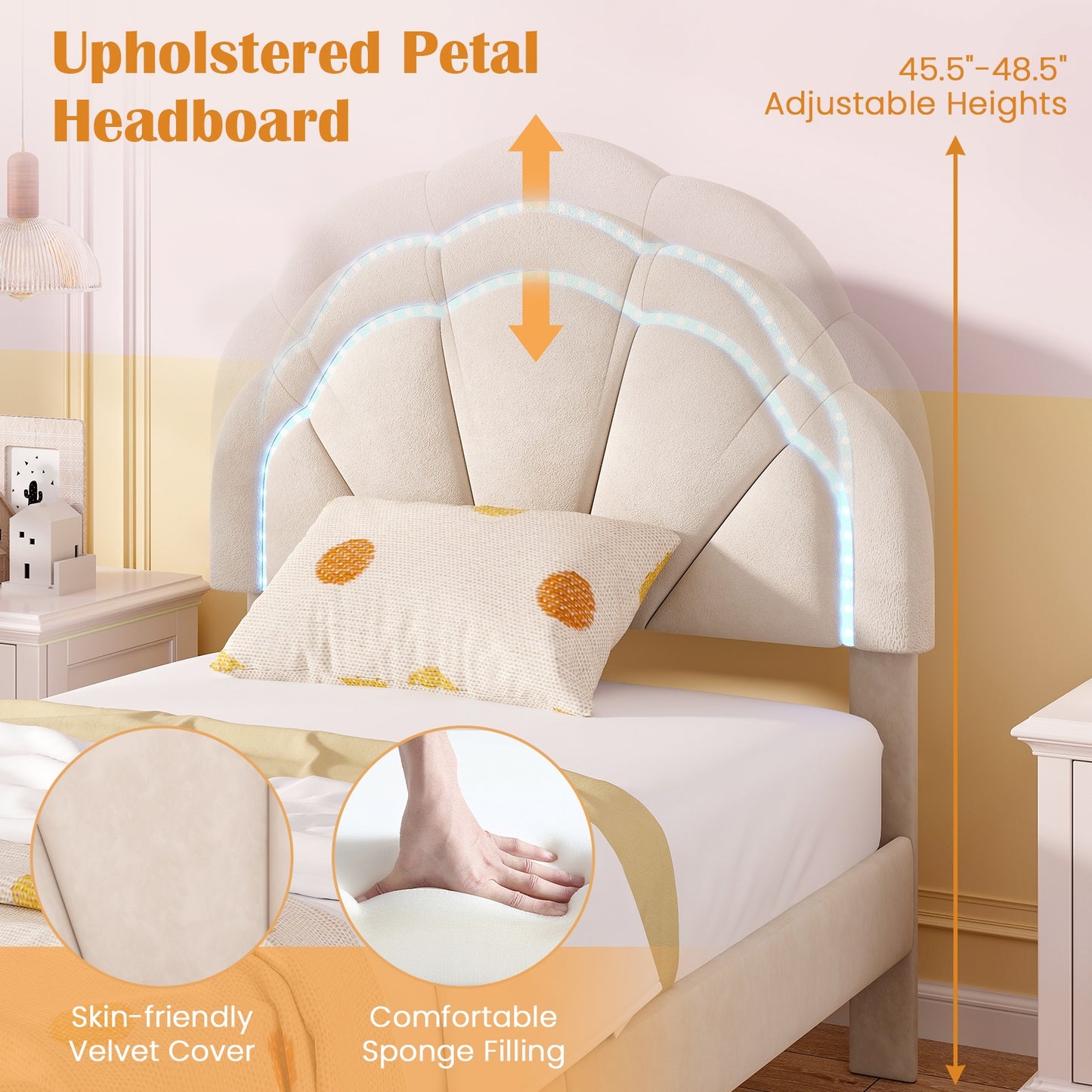 Upholstered LED Bed Frame with Adjustable Flower Headboard and Metal Support Feet-Twin Size Kids Crystal