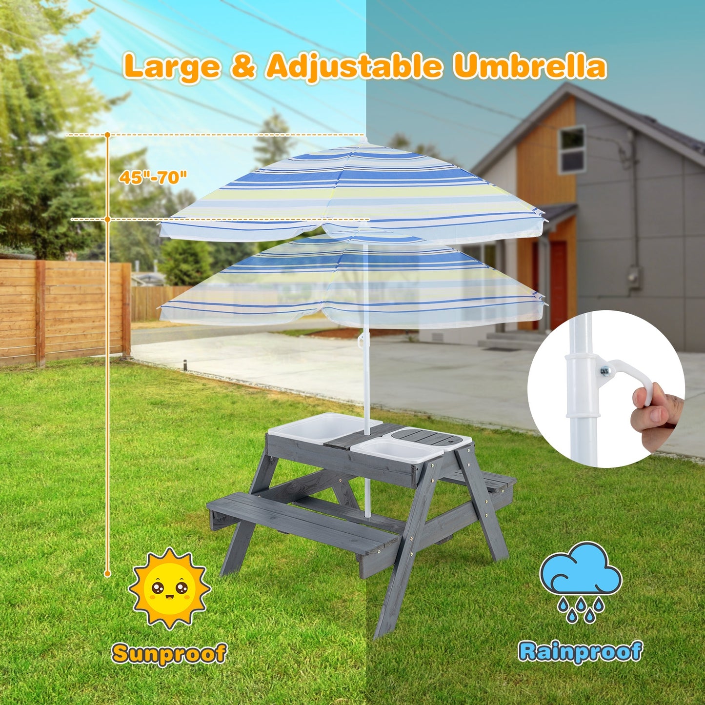 Kids Picnic Table Set with 3 Removable Bins-Gray Kids Crystal