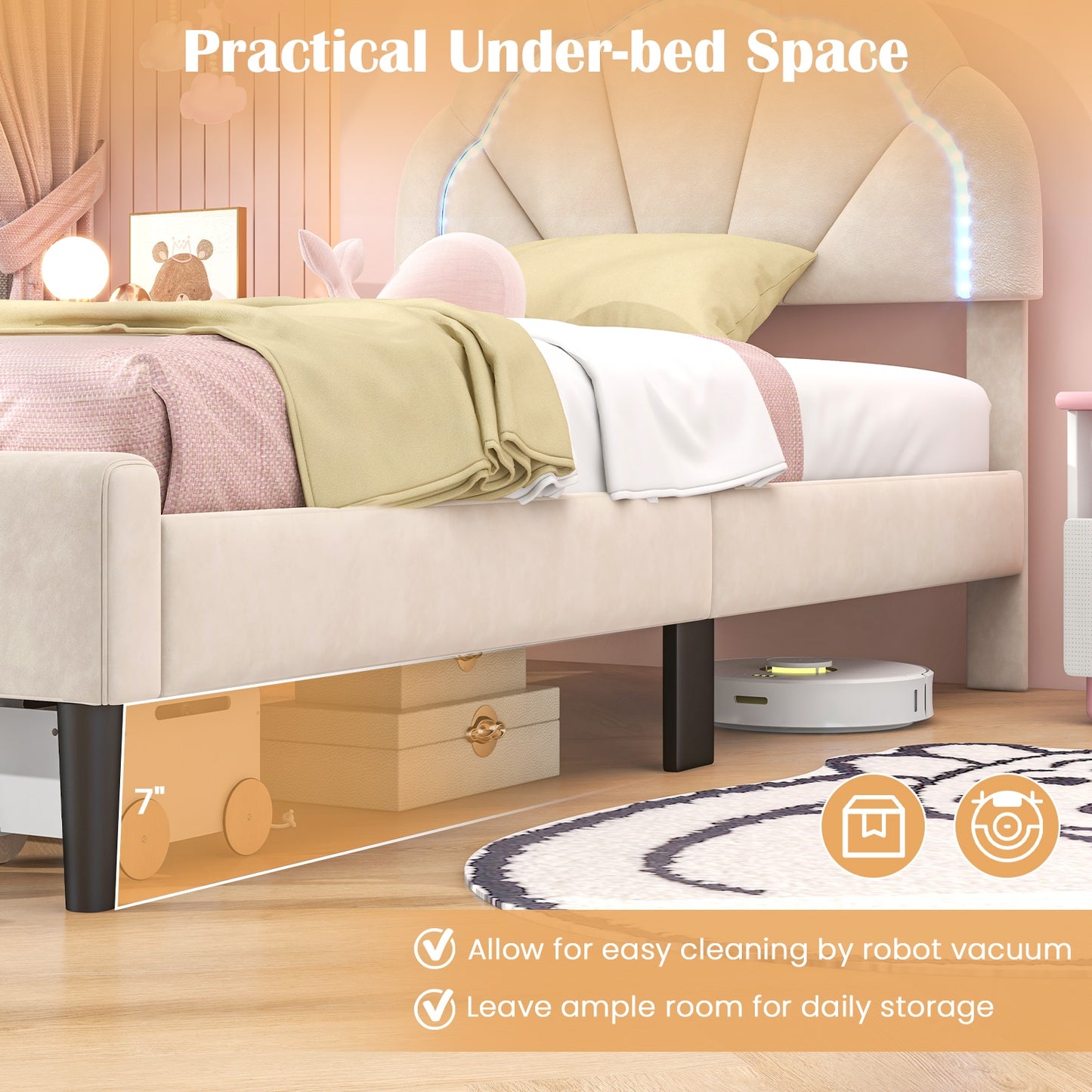 Upholstered LED Bed Frame with Adjustable Flower Headboard and Metal Support Feet-Twin Size Kids Crystal