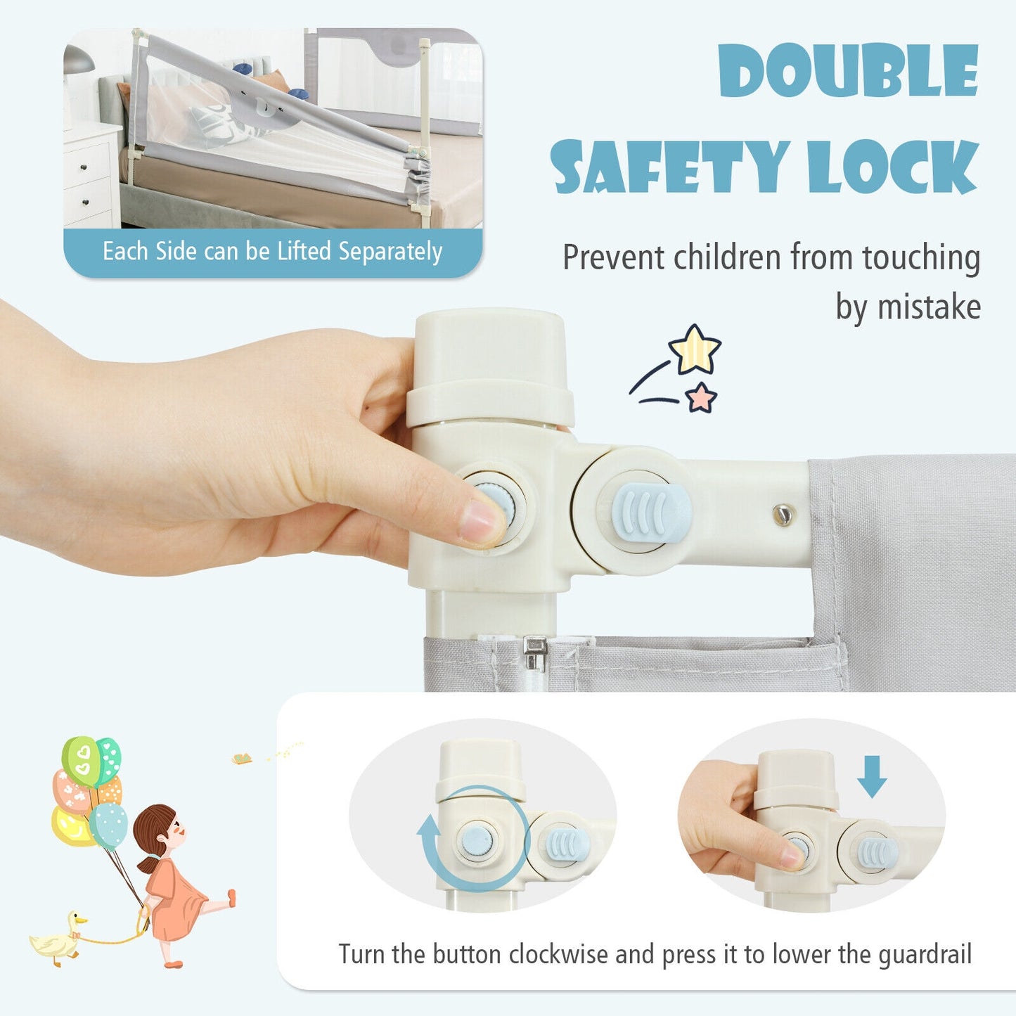 Vertical Lifting Baby Bedrail Guard with Double Safety Child Lock Kids Crystal