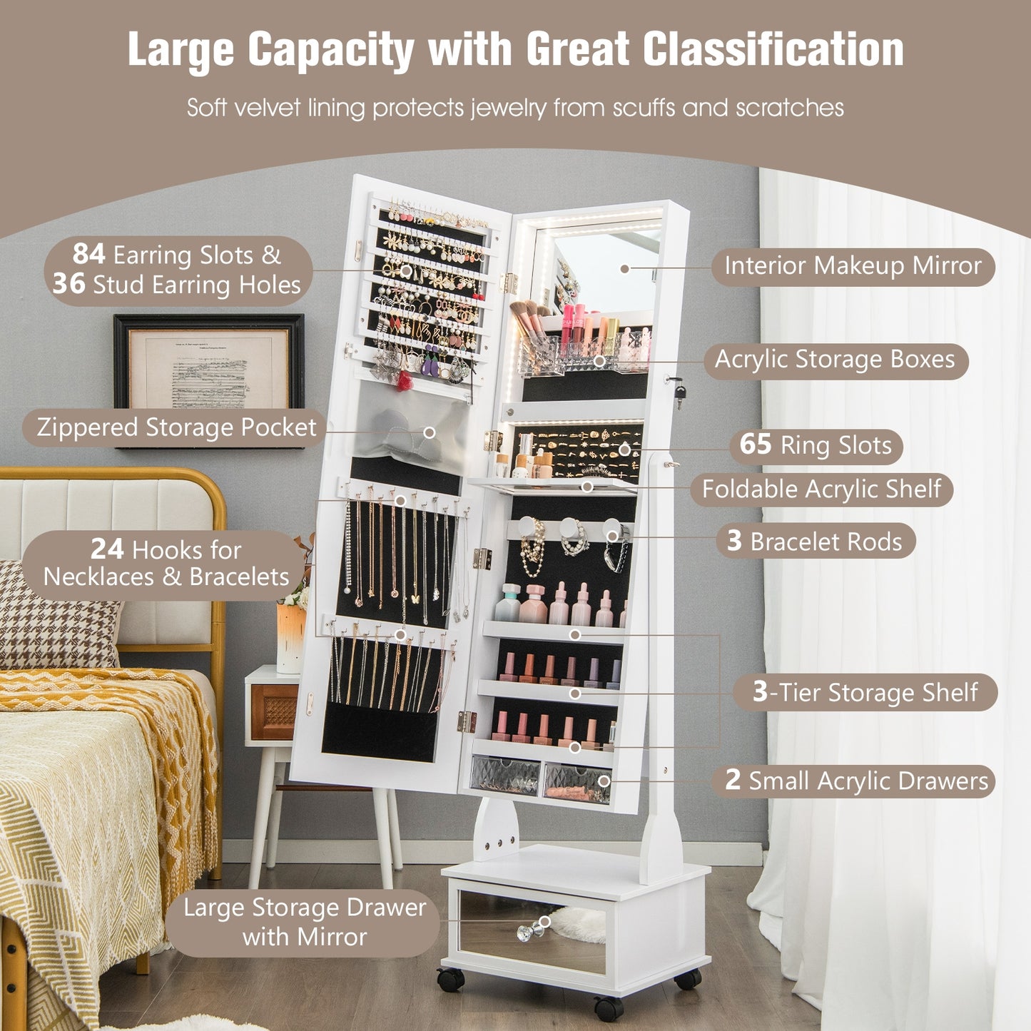 47 Inch Lockable Jewelry Cabinet Armoire with 3-Color LED Lights-White Kids Crystal