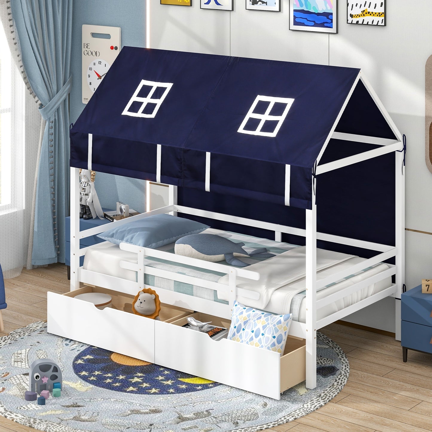 Twin House Bed with Tent and 2 Storage Drawers for Kids-White Kids Crystal