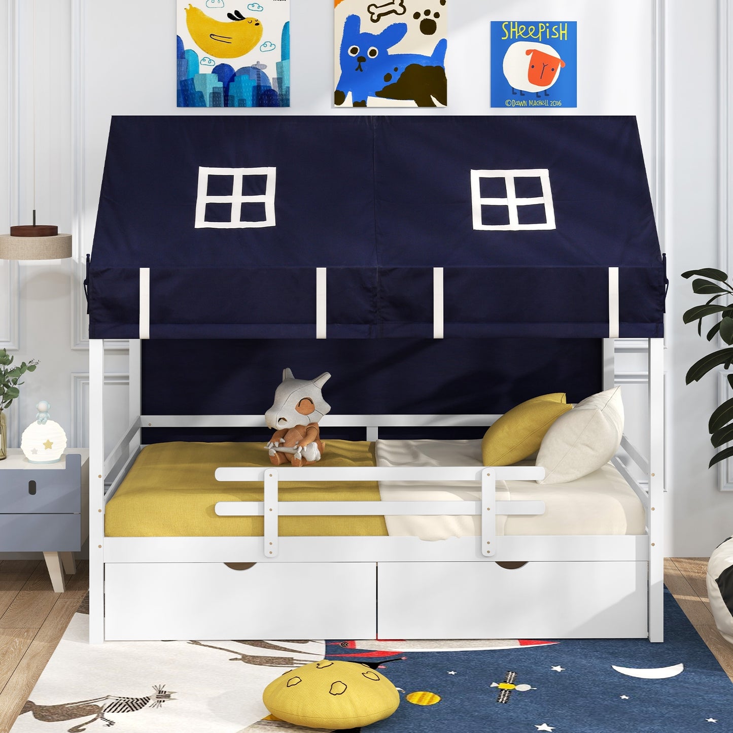 Twin House Bed with Tent and 2 Storage Drawers for Kids-White Kids Crystal