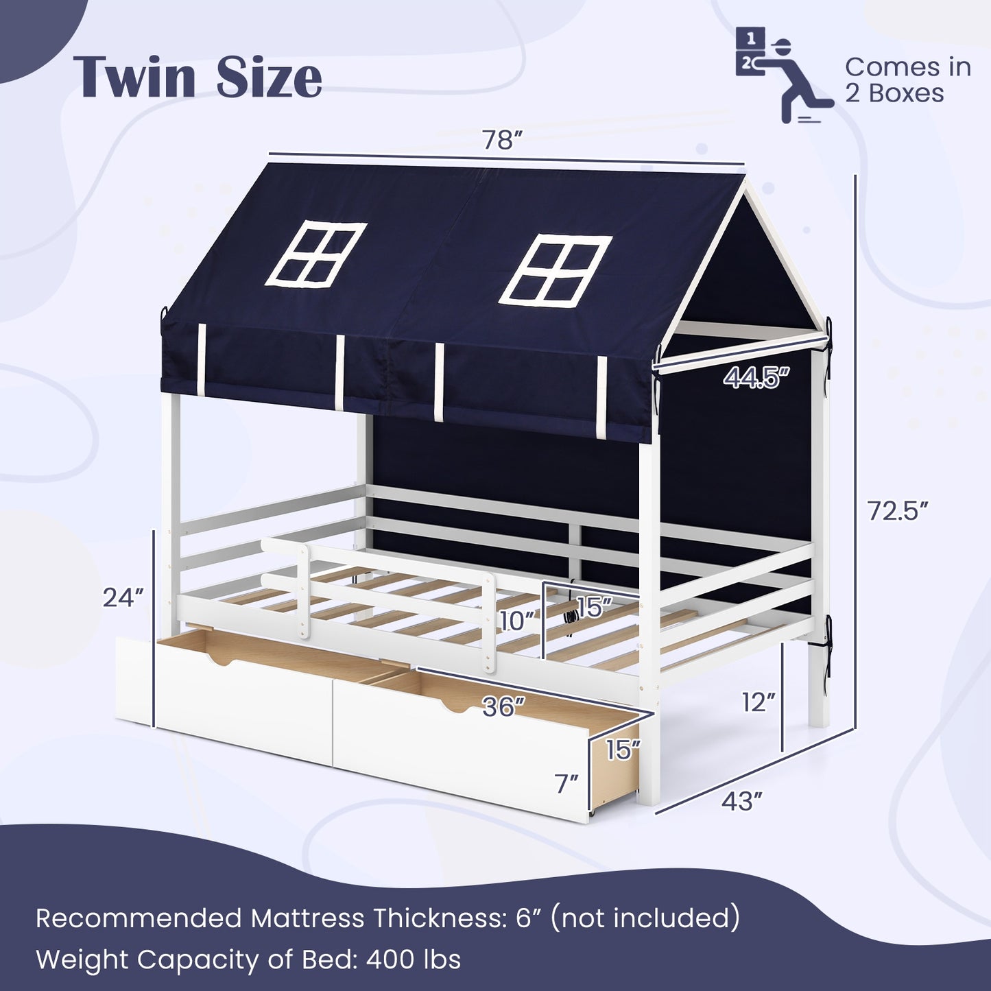 Twin House Bed with Tent and 2 Storage Drawers for Kids-White Kids Crystal