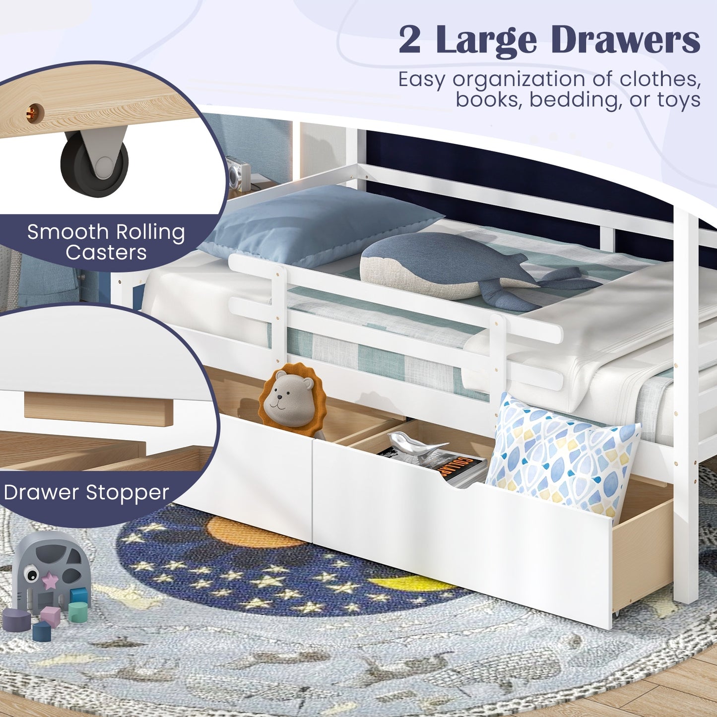 Twin House Bed with Tent and 2 Storage Drawers for Kids-White Kids Crystal
